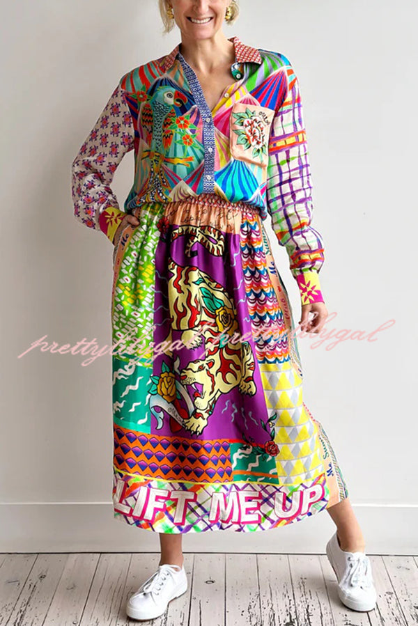 You Make Me Wonder Satin Colorful Unique Print Button Down Oversized Blouse - Stylish Women's Fashion Top for Casual Wear, Office & Date Nights