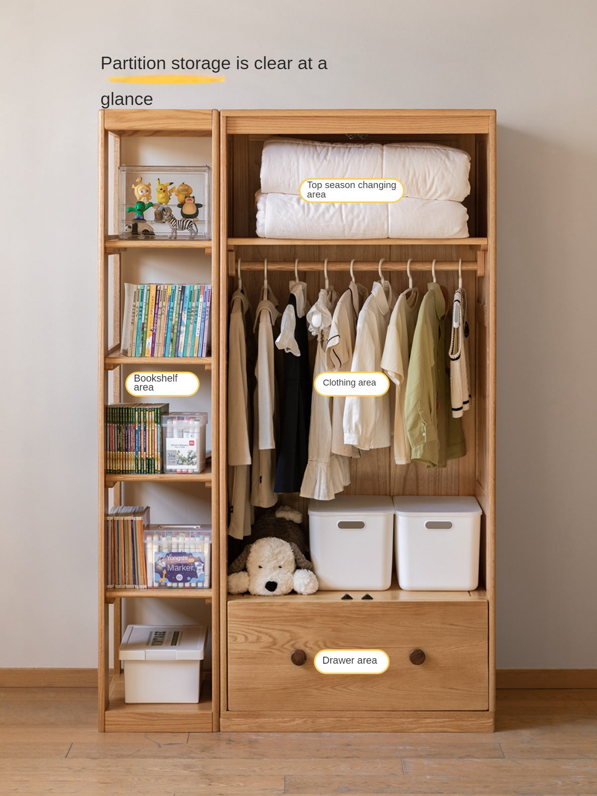 Premium Oak Solid Wood Kids Wardrobe - Multi-Functional Storage Organizer for Clothes, Toys & Books - Perfect for Bedroom, Nursery & Playroom Organization