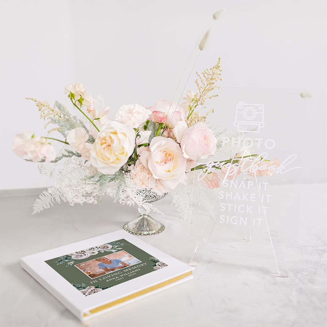 Andaz Press Personalized Memorial Guest Book with Gold Foil Accents - Ivory Peonies Design, 120 Pages, 8.5