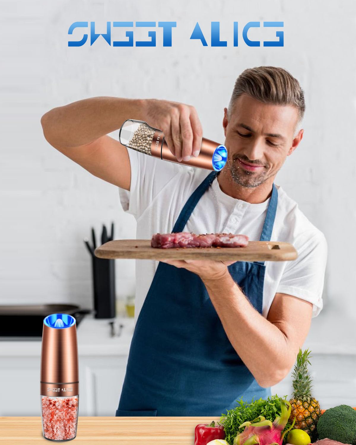 Premium Electric Pepper and Salt Grinder Set - Adjustable Coarseness, Battery Powered with LED Light, One-Hand Automatic Operation, Stainless Steel & Copper Design (2 Pack) - Perfect for Kitchen, Dining Table, and Gourmet Cooking