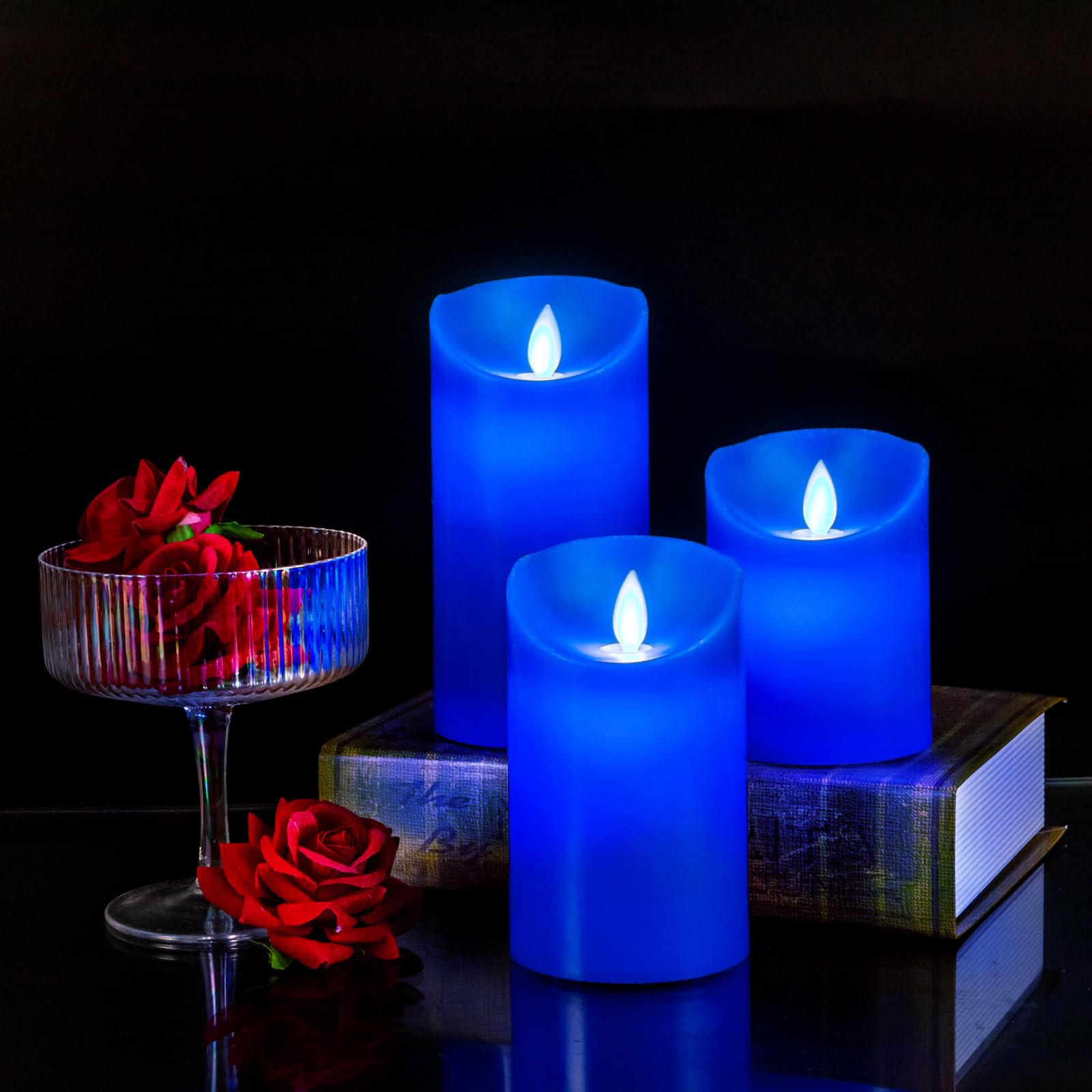 Blue Flame LED Candles with Moving Wick - Real Wax Battery Operated Flameless Candles with Remote Control, Timer & Dimmer - Perfect for Home Decor, Weddings, and Relaxation