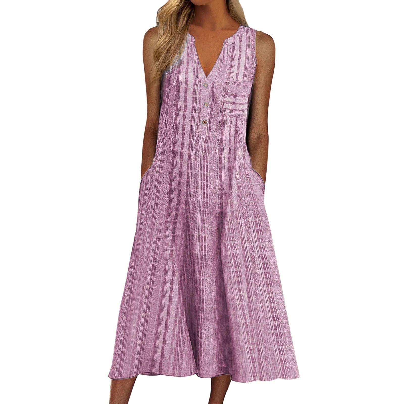 Butterfly Print Women's Summer Casual Sleeveless V-Neck Midi Dress with Pockets - Knee Length Flowy Vestidos for Beach, Vacation & Daily Wear