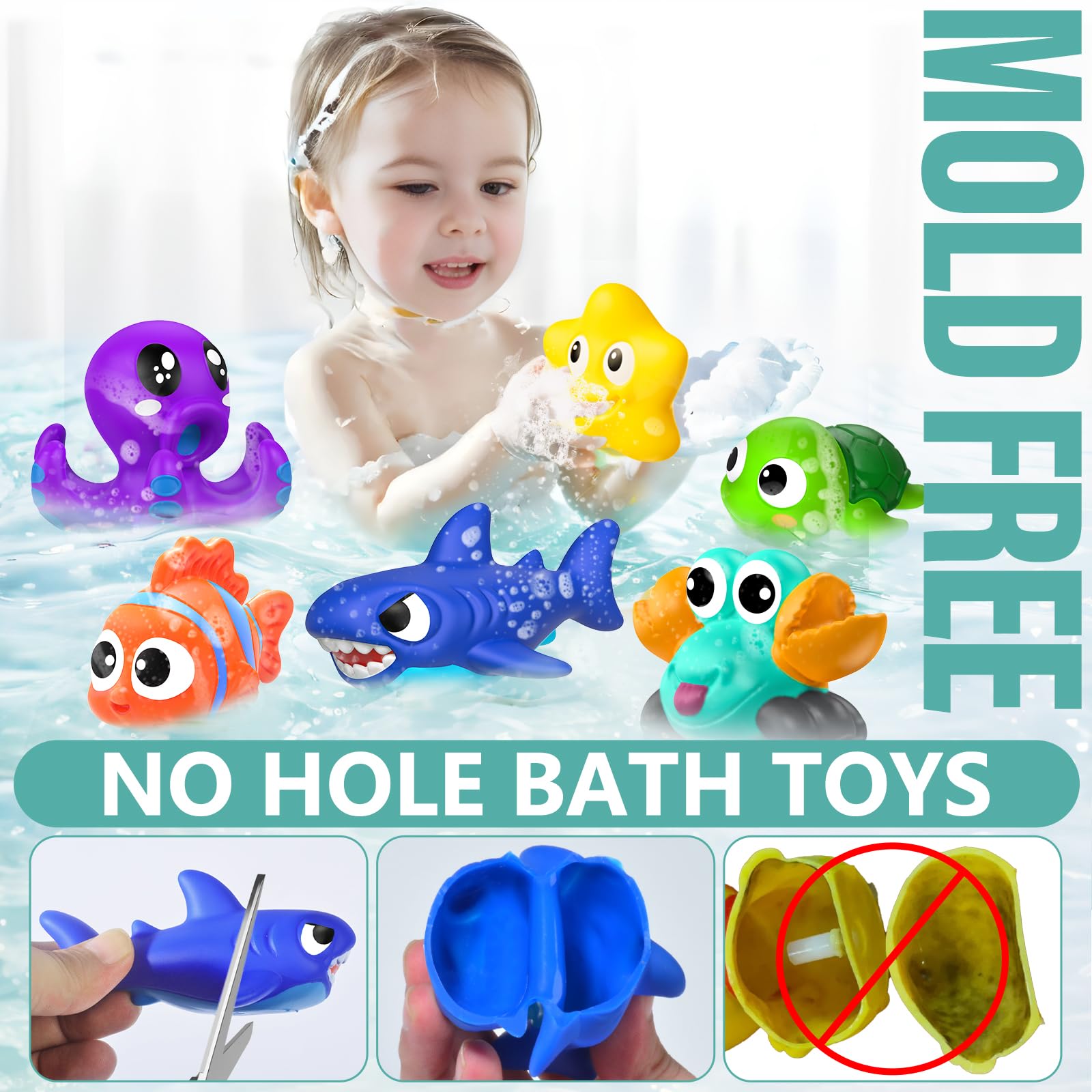 Mold-Free Baby Bath Toys for Kids Ages 1-3 - No Hole Ocean Animal Water Toys for Toddlers & Infants - Bathtub, Shower, Beach & Pool Play - Includes Storage Bag - Perfect Gift for Boys & Girls