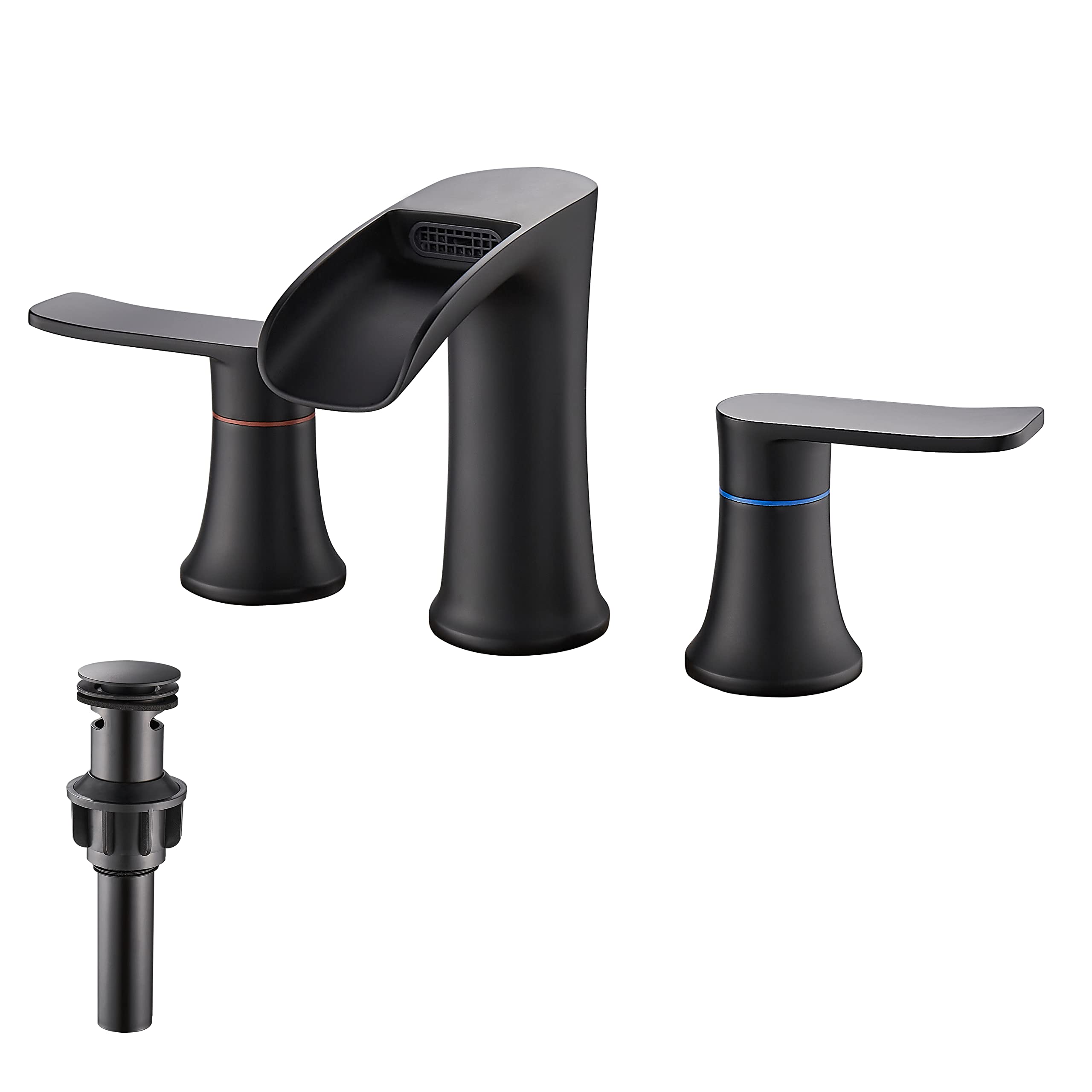Matte Black 8 Inch Widespread Bathroom Sink Faucet with Drain - 3 Hole 2 Handle Modern Bathroom Faucet by Yundoom (Model BF8-01) - Perfect for Bathroom Vanity, Guest Bath, and Powder Room Renovations