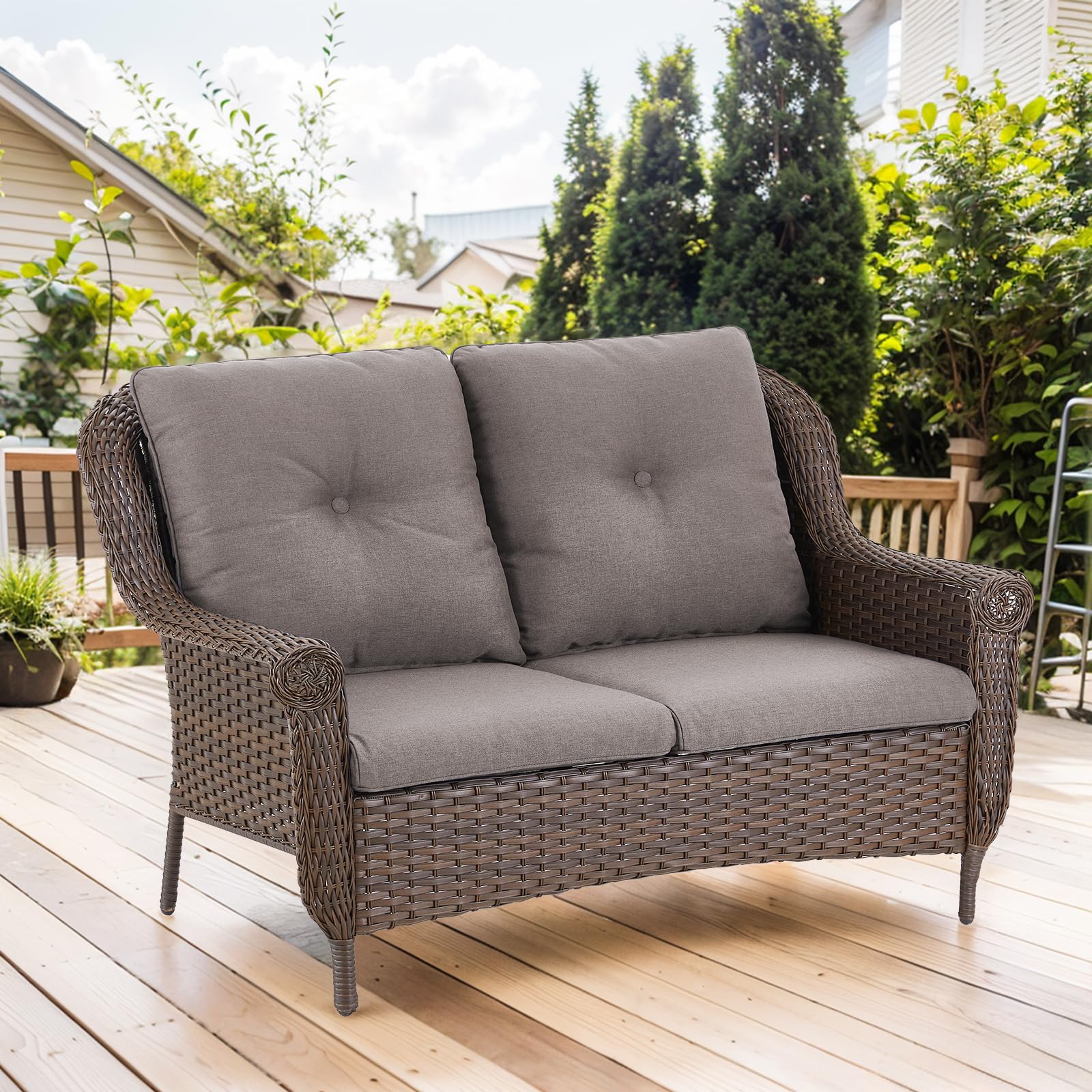 Brown Rattan Patio Loveseat with Water-Resistant Cushions - Outdoor Wicker Sofa for Garden, Balcony, Backyard & Poolside - Perfect for Relaxing, Entertaining & Sunbathing (1PC)