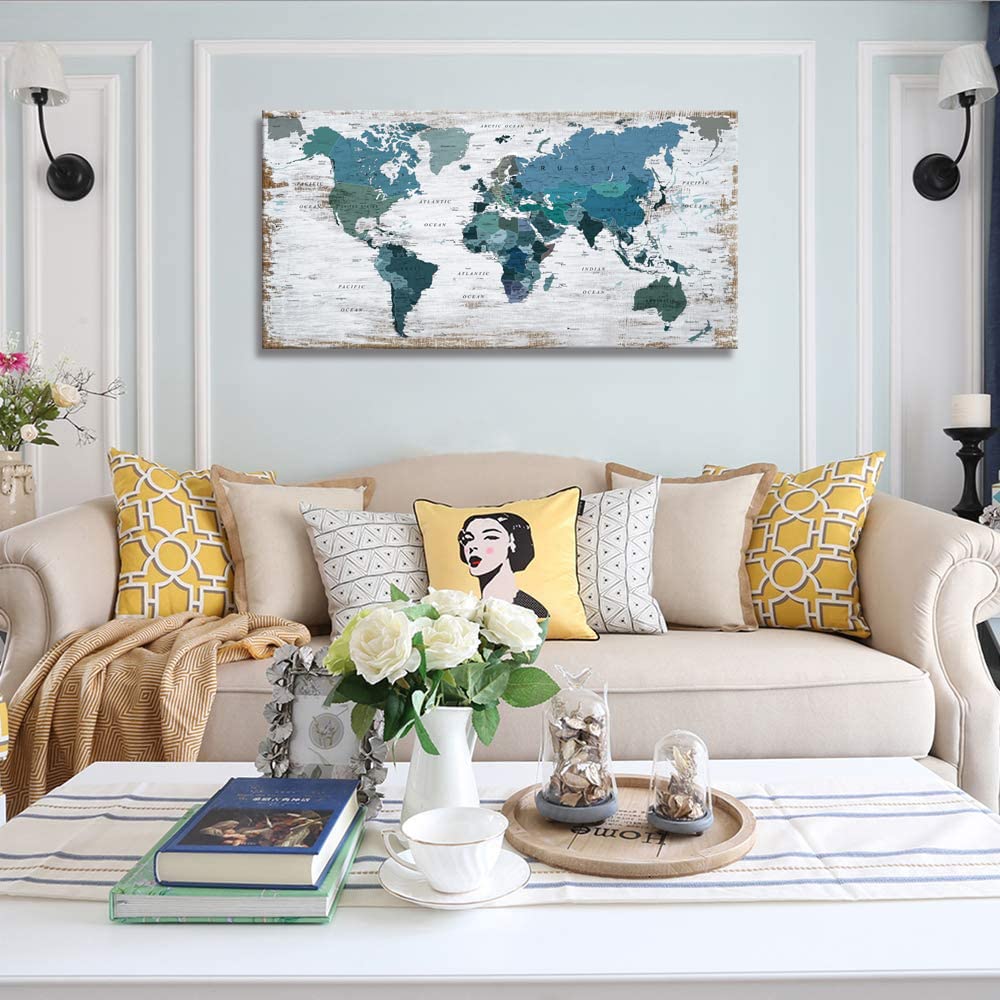 Blue Teal World Map Canvas Wall Art - 24