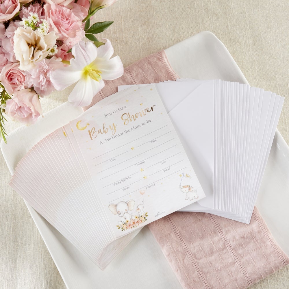 Adorable Pink Elephant Baby Shower Invitations & Thank You Cards Set - 25-Piece Bundle for Gender Reveal Party & Newborn Celebration