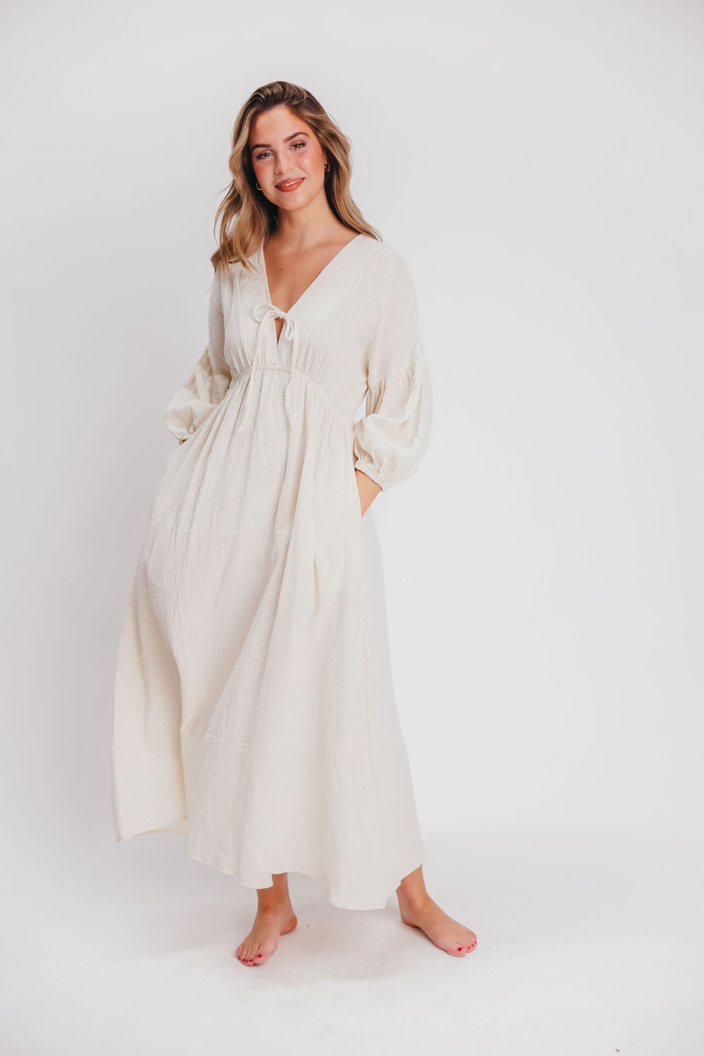 Hunter 100% Cotton Gauze Midi Dress in Soy - Bump Friendly Maternity Dress for Pregnancy, Nursing & Postpartum - Perfect for Summer, Beach & Casual Wear