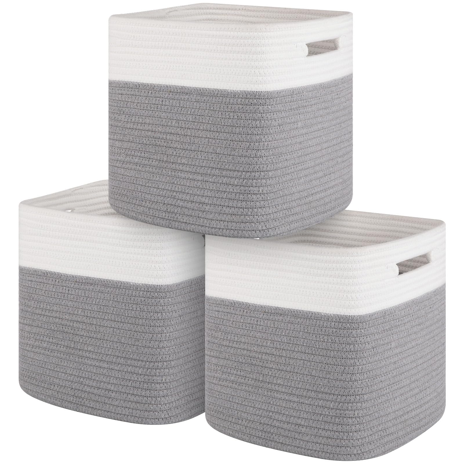 11 Inch Cotton Rope Storage Cubes - 3-Pack Woven Organizing Baskets for Shelves, Closet & Nursery | Grey Square Storage Bins - Perfect for Home Organization, Baby Room & Closet Storage