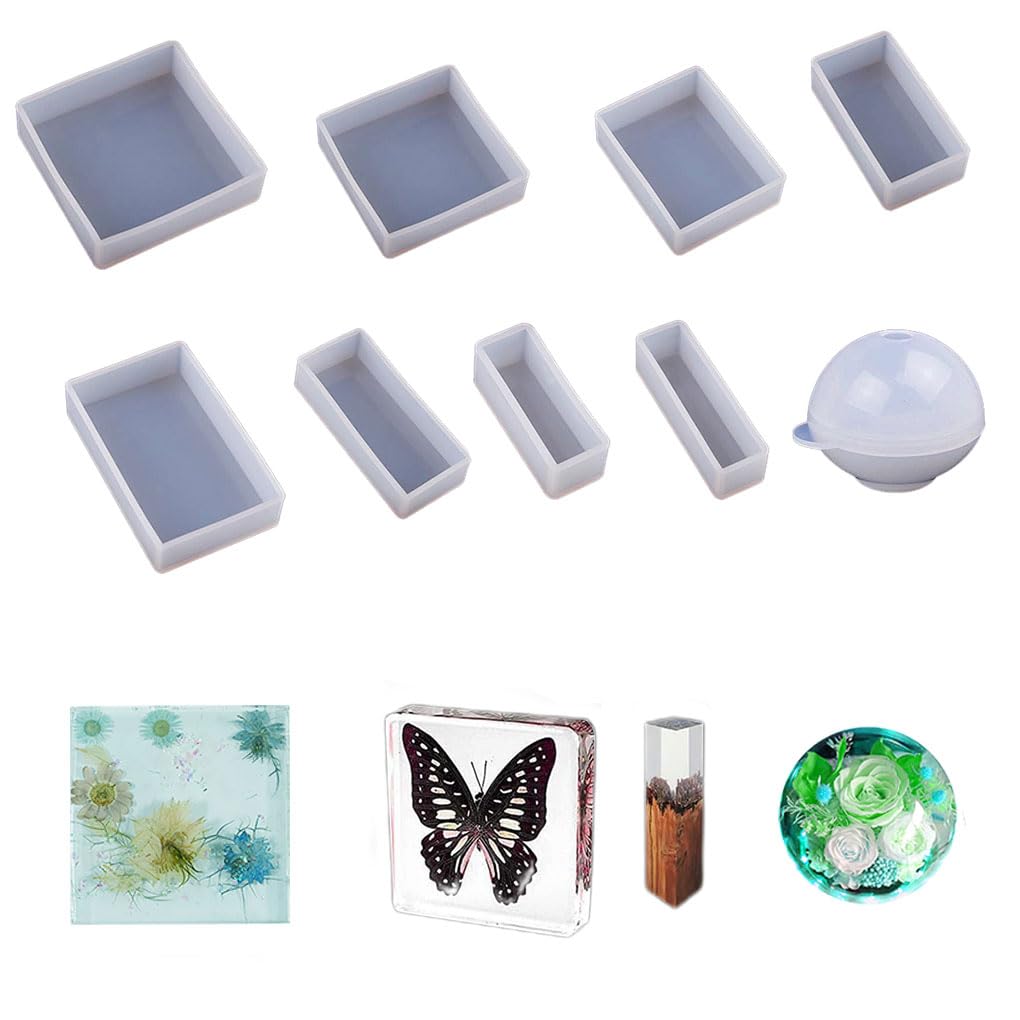 FineInno 9PCS Epoxy Resin Molds Set - Square, Rectangle & Ball Silicone Molds for DIY Jewelry, Soap Making, Dried Flower Crafts, Pendant Casting - Perfect for Resin Art, Home Decor & Gift Making Projects