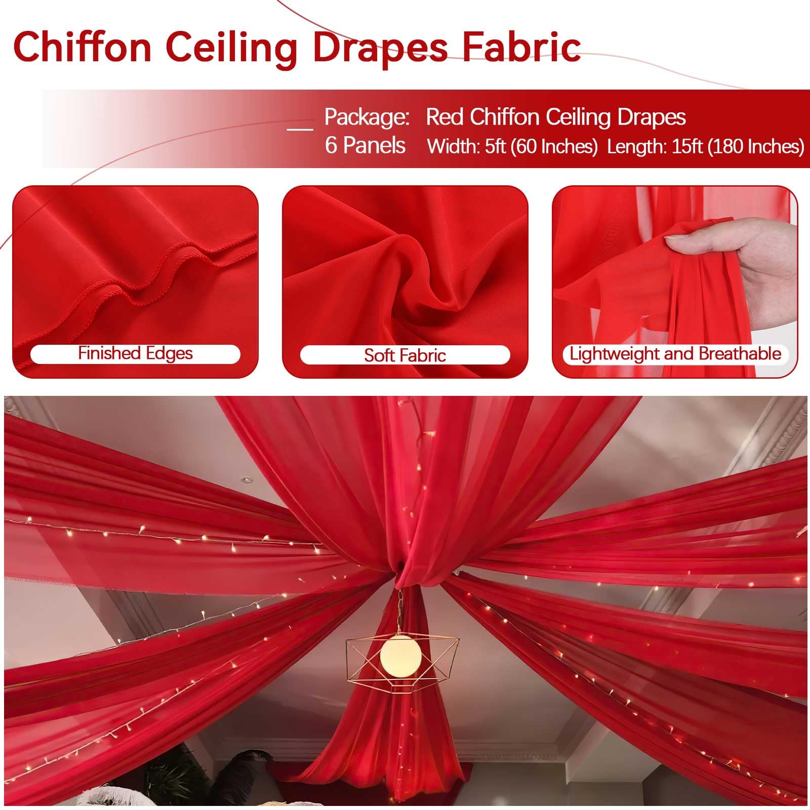 Elegant Red Chiffon Ceiling Drapes - 6 Panels 5ftx15ft Wedding Arch Draping Fabric with Rod Pocket - Perfect for Wedding Decor, Party Backdrops & Home Decoration