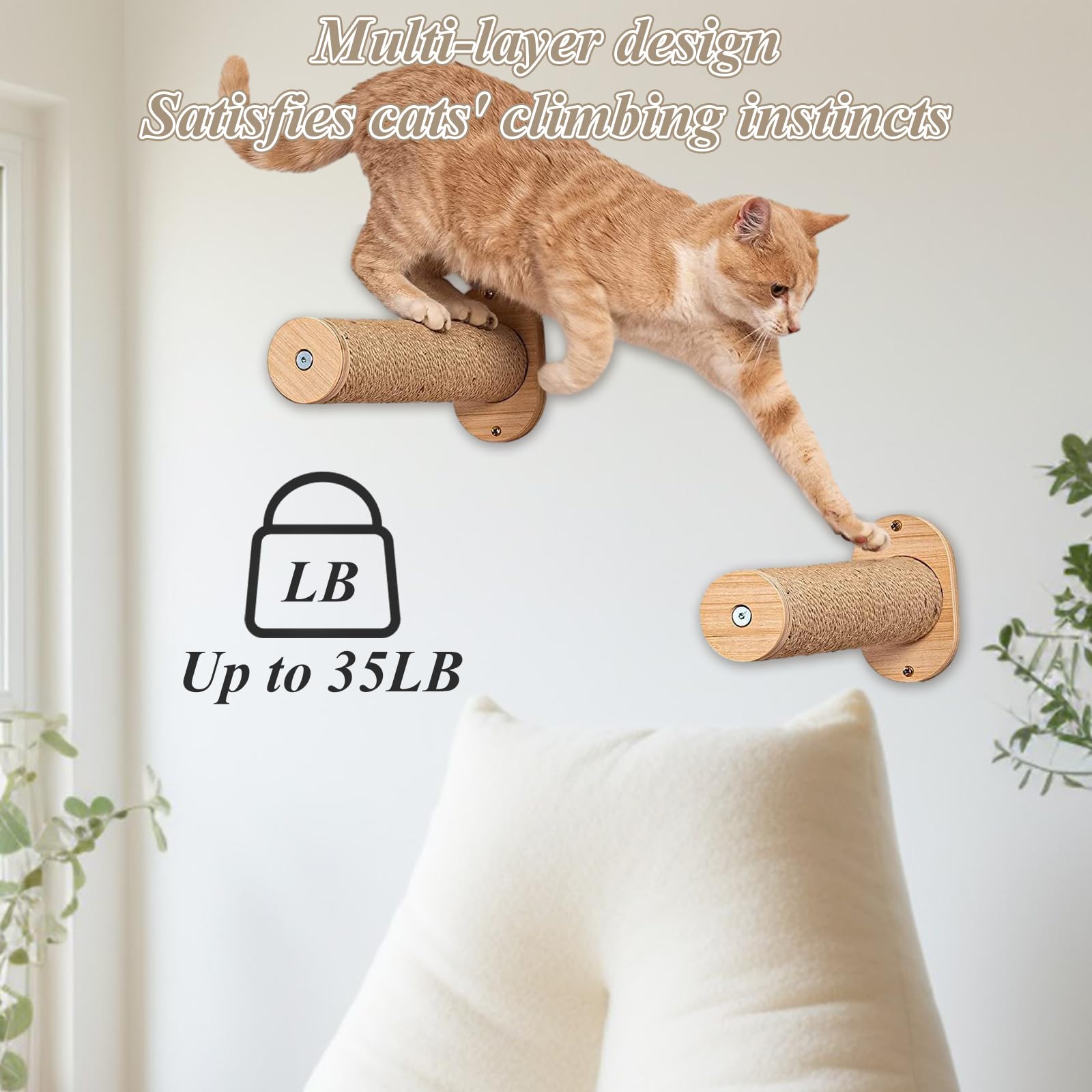 2 Pack Cat Wall Steps - 11.8 Inch Climbing Shelves with Jute Rope for Indoor Cats | Wall-Mounted Cat Furniture for Playing, Climbing & Scratching | Perfect for Small Spaces & Cat Exercise