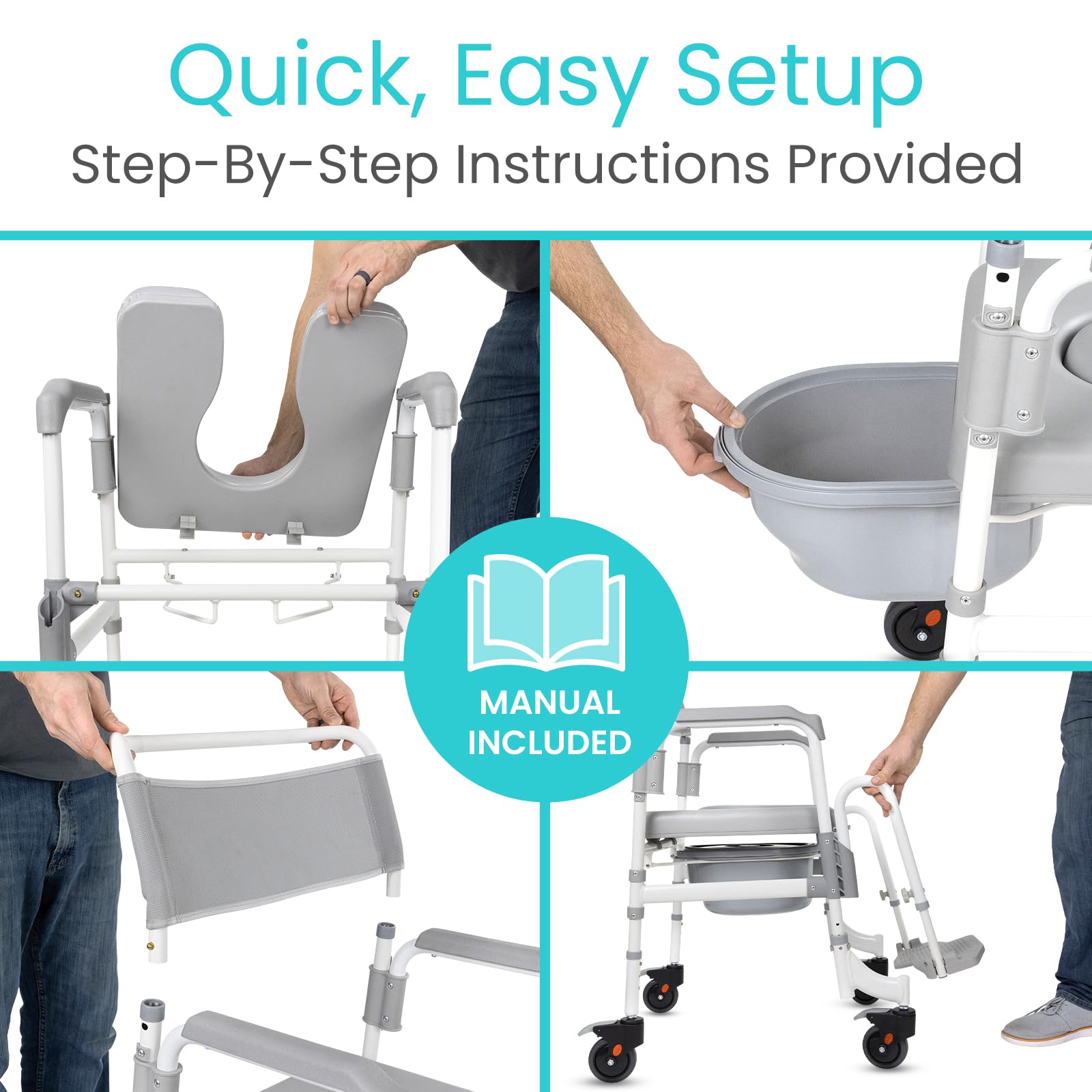 Vive 3-in-1 Rolling Commode & Shower Chair with Wheels - Adjustable Height Transport Wheelchair for Bathroom & Bedside Use - Mobility Aid for Disabled Adults, Elderly & Seniors - FSA/HSA Eligible - Ideal for Home Care, Post-Surgery Recovery & Assisted Living Facilities