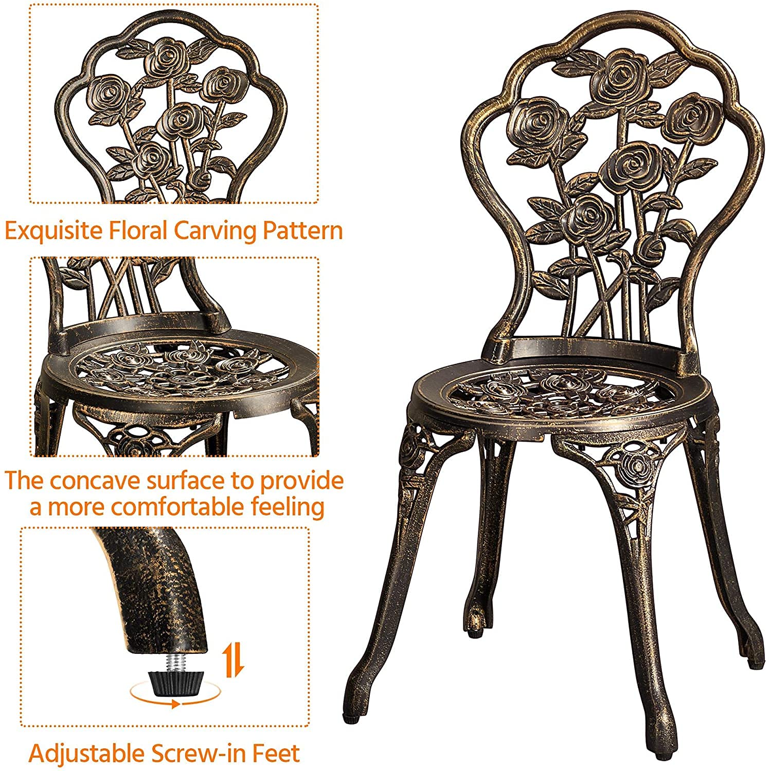 3-Piece Outdoor Bistro Set with Rose Pattern - 1 Table & 2 Chairs, Aluminum & Cast Iron Patio Furniture for Garden, Backyard, Deck or Balcony