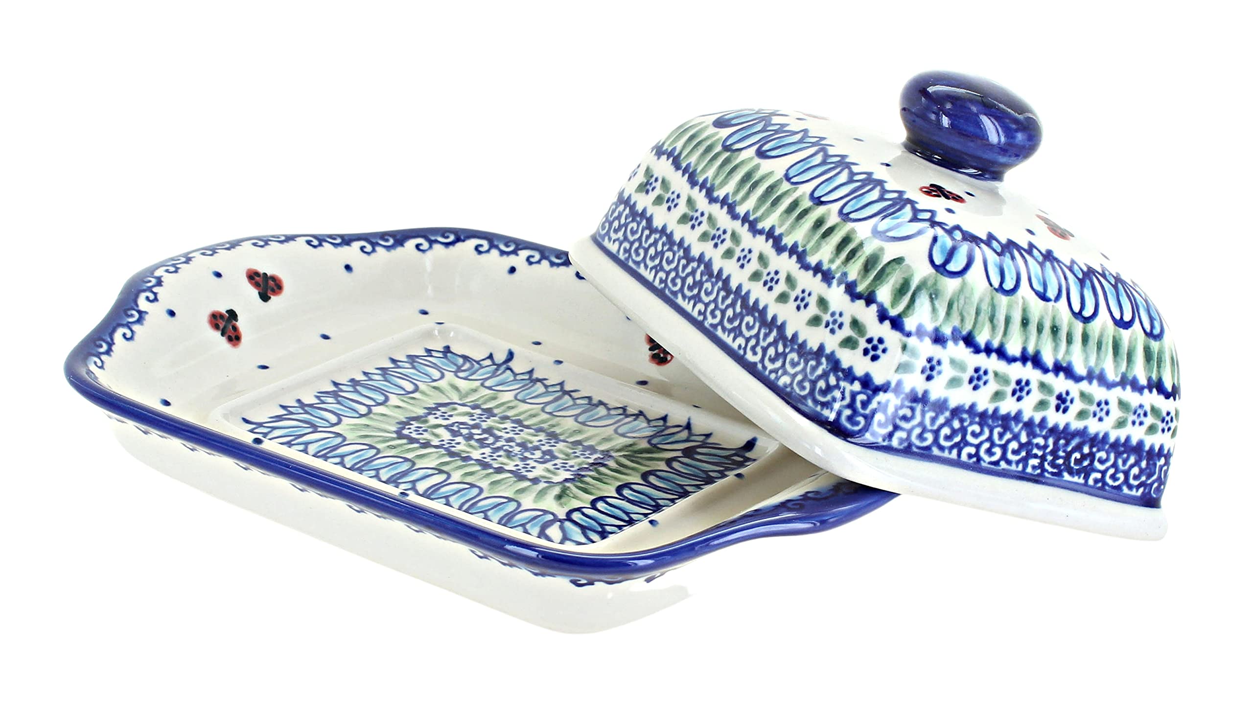 Handmade Blue Rose Polish Pottery Butter Dish with Tulip Design – Perfect for Garden Tea Parties, Country Kitchens & Rustic Home Decor