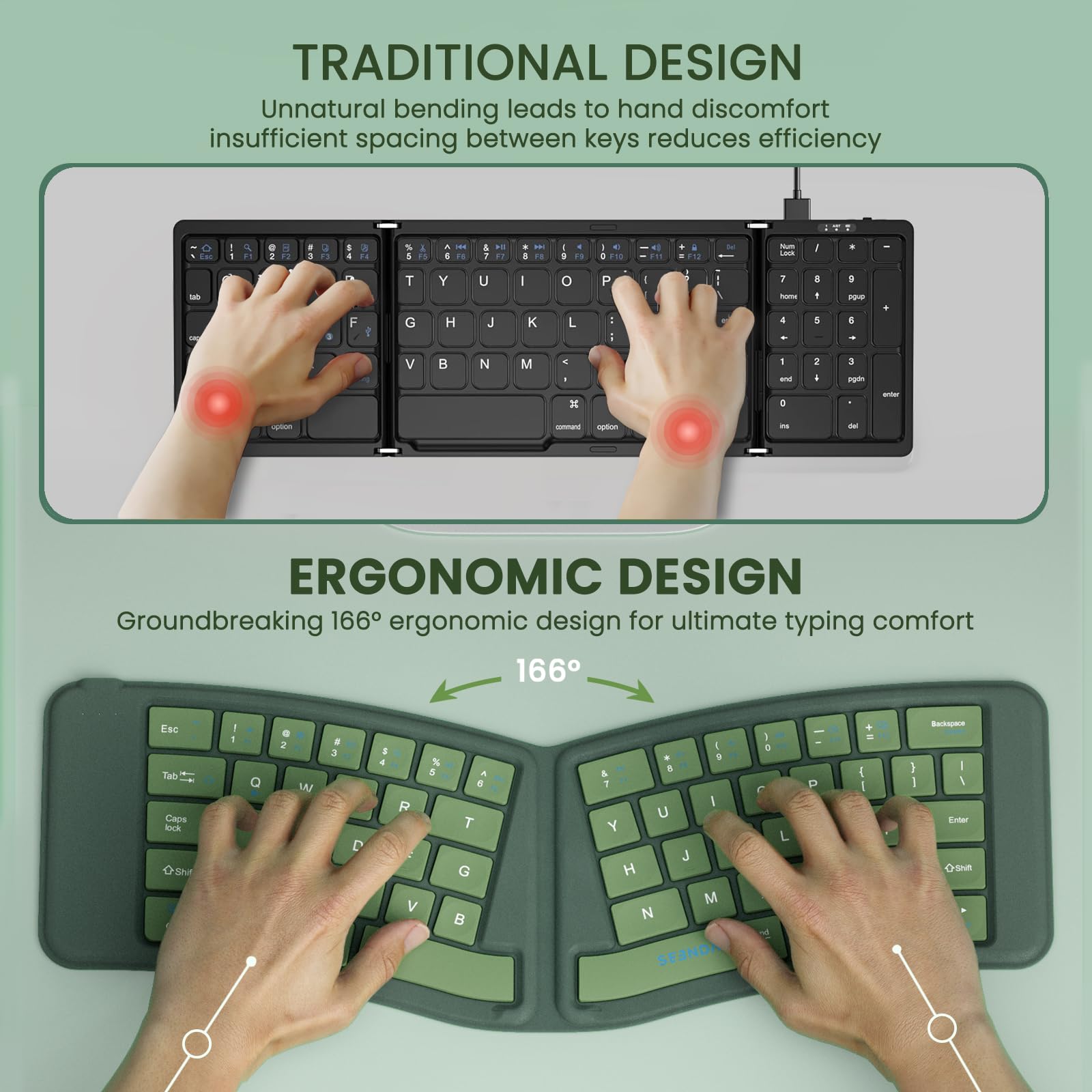 Seenda Wireless Foldable Keyboard - Portable Bluetooth for Laptop, Phone, PC - Green | Travel & Office Use