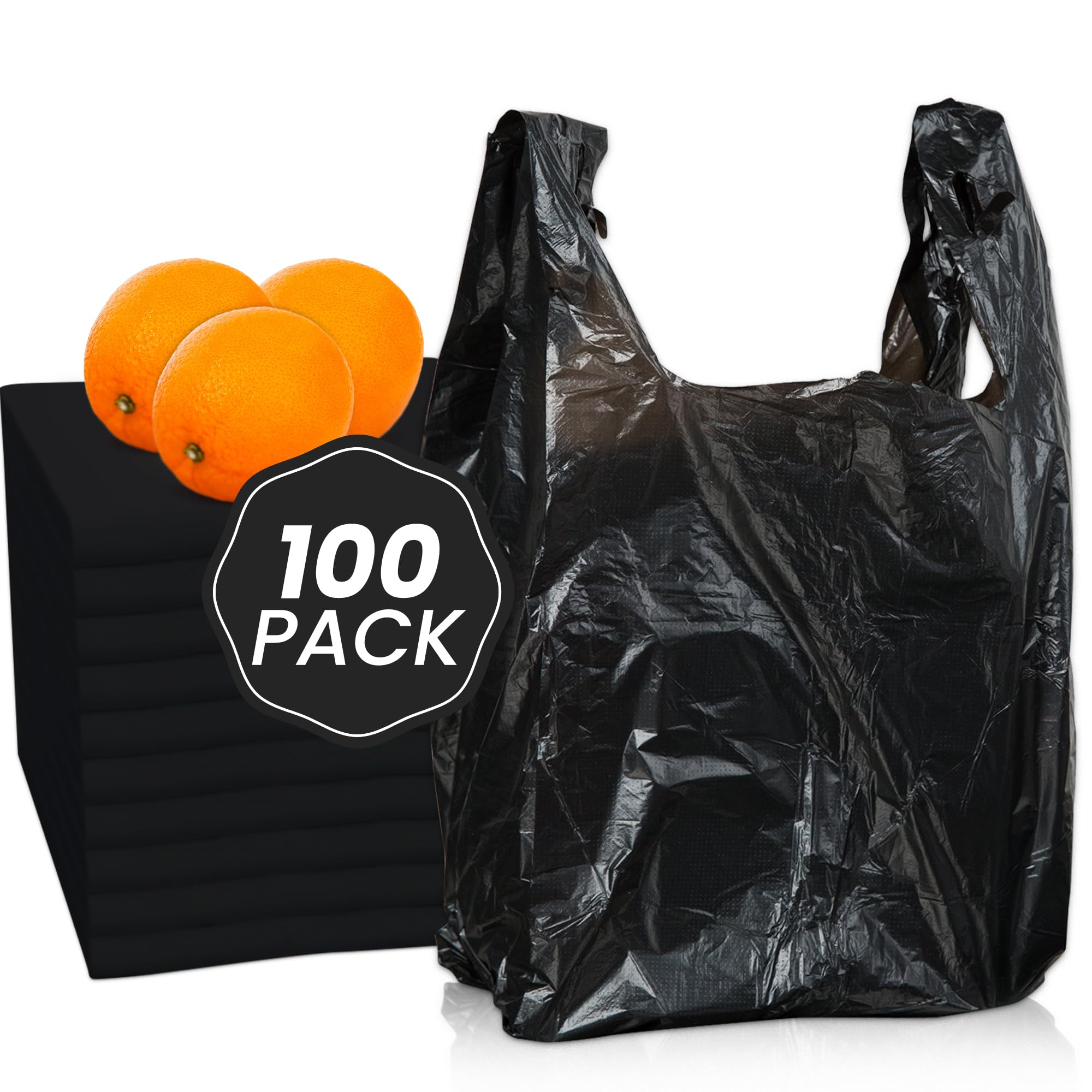 100 Pack Black Plastic Grocery Bags with Handles - Biodegradable Shopping Bags Bulk for Groceries, T-Shirts & Produce - Eco-Friendly Thank You Bags for Retail Stores, Farmers Markets & Home Use