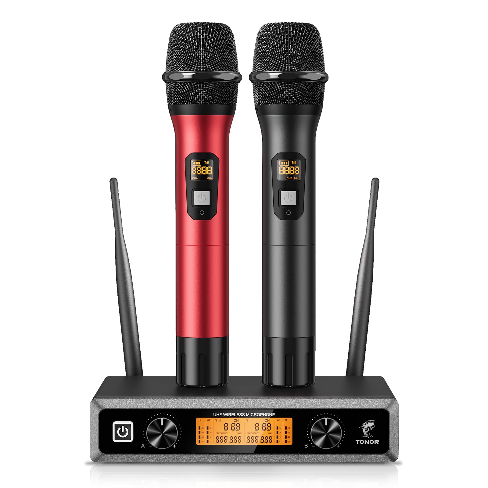 TONOR TW820 Professional Wireless Microphone System - Dual Handheld Dynamic Mics with 200ft Range for Karaoke, DJ, Church, Wedding & Events (Black & Red) - Perfect for Home Parties, Stage Performances and Public Speaking