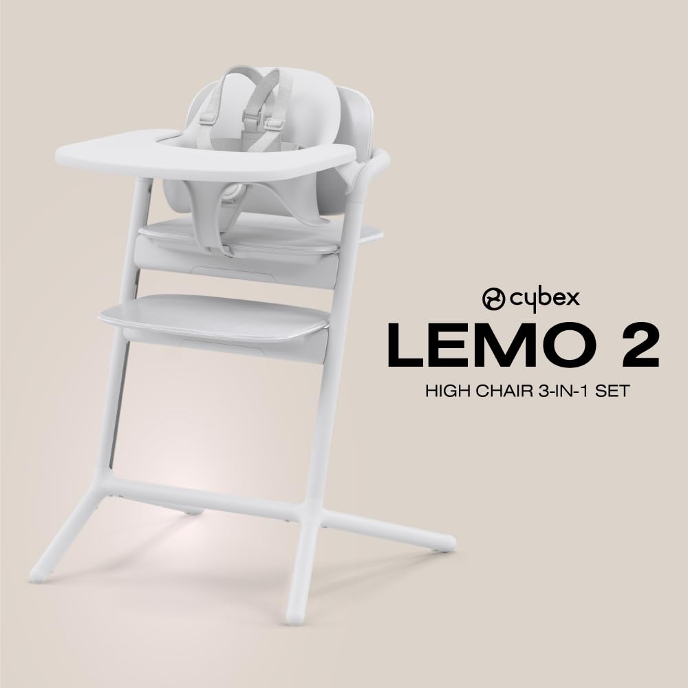 Cybex LEMO 3-in-1 Convertible High Chair with Baby Set & Snack Tray - Adjustable Height & Depth, Anti-Tip Wheels - Modern White Design for Infants 6+ Months to Adults - Perfect for Dining, Feeding & Playtime