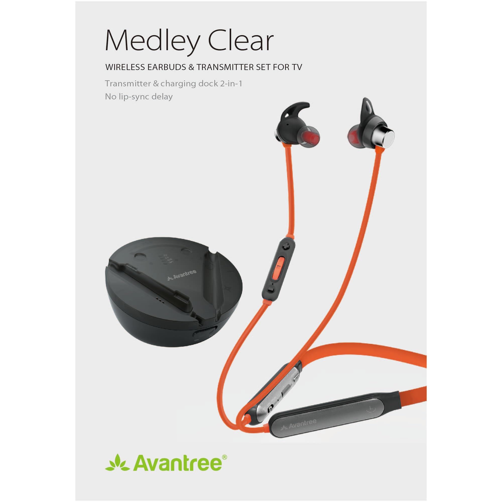 Avantree Medley Clear Series Wireless Earbuds for TV - Bluetooth Headphones with Transmitter & Charging Dock, Clear Dialogue, Enhanced Volume, Soundbar Passthrough - Perfect for Home Theater, Late Night TV Watching & Hearing Assistance