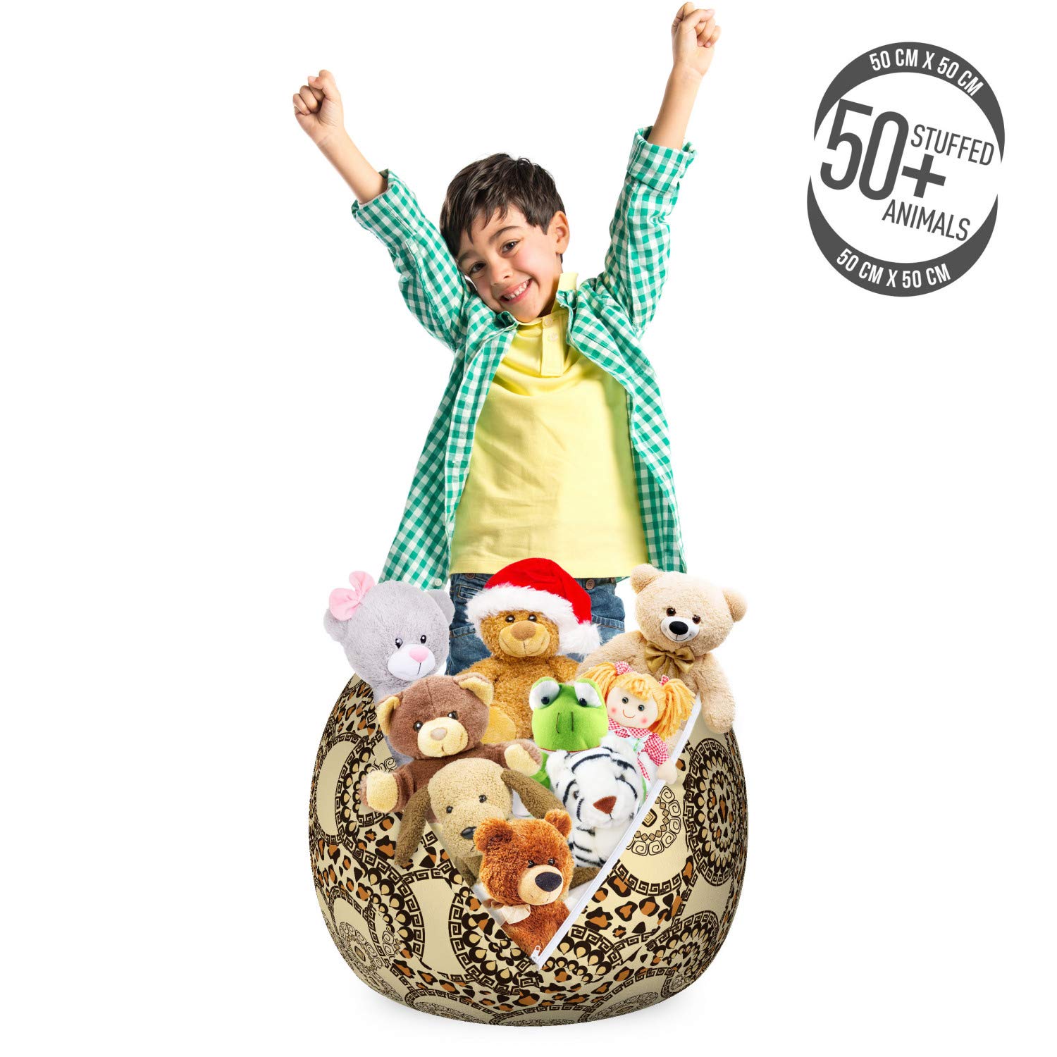 Ambesonne Zambia Storage Toy Bag Chair - Folk Savannah Jungle Boho Design with Nature & Animal Print, Washable Stuffed Animal Organizer, Small Size in Dark Brown Cream Orange - Perfect for Kids' Room, Nursery, Playroom & Home Decor
