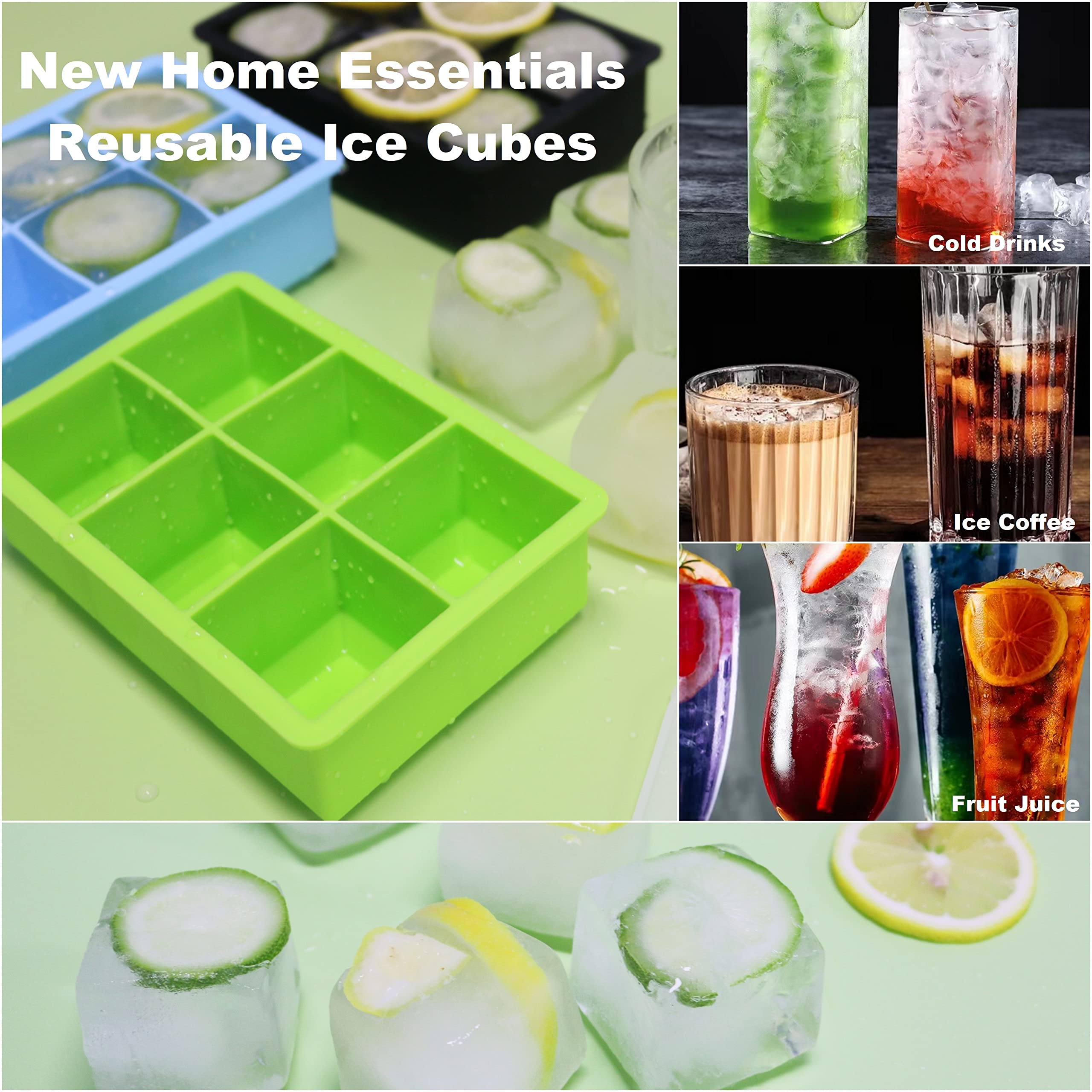 Large Silicone Ice Cube Trays with Lid - 6 Grid Square Freezer Ice Cube Mold for Easy-Release Reusable Ice Pops, Perfect for Cocktails, Iced Coffee & Home Bars (1 Pack)