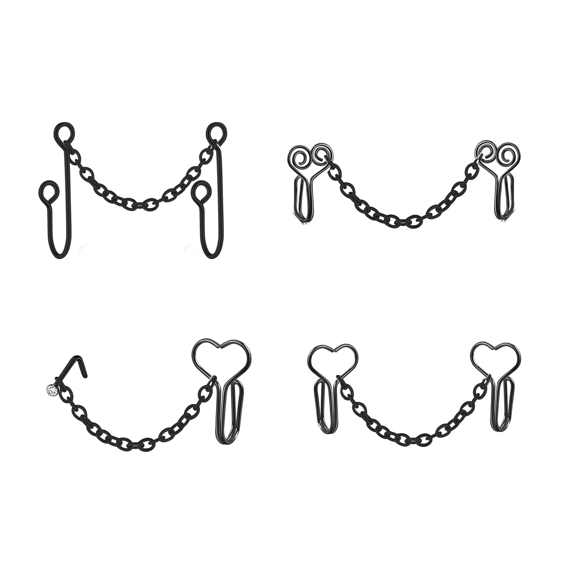 4pcs African Style Fake Nose Rings Clip Set - Non-Piercing Septum Ring with Heart Nose Chain & CZ Crystal Studs - Body Jewelry for Women | Perfect for Parties, Cosplay, and Festival Outfits