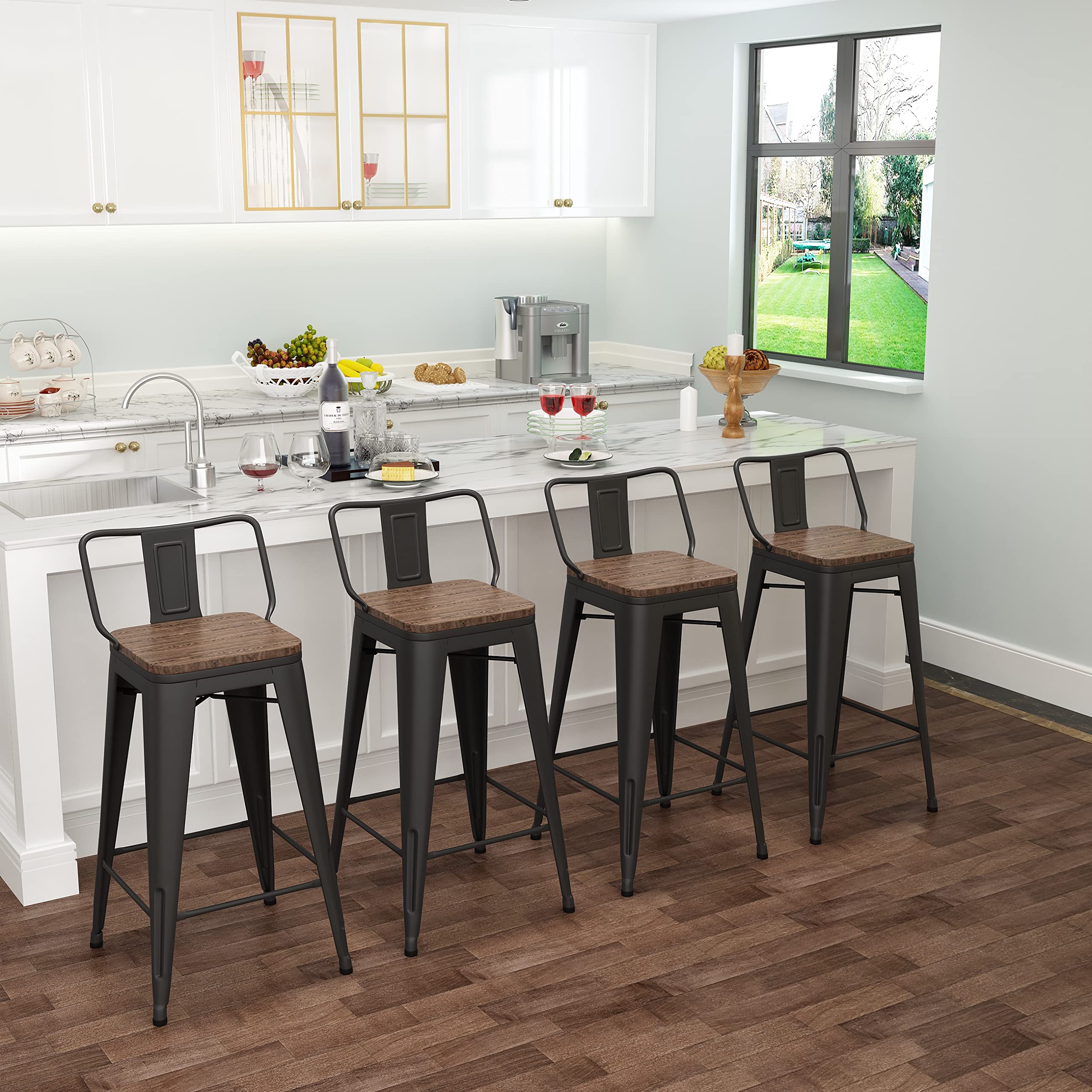 Set of 4 30-Inch Metal Bar Stools - Counter Height Kitchen Stools with Wooden Seat in Matte Black - Perfect for Dining, Kitchen Islands & Home Bars