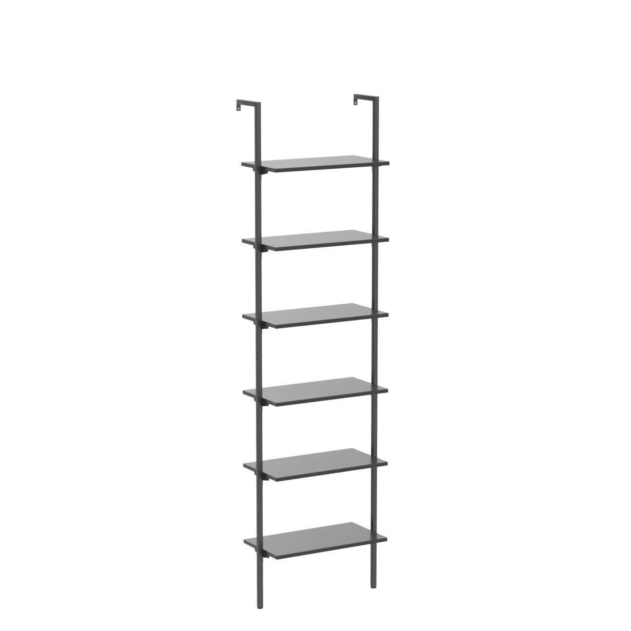 ODK 6-Tier Ladder Shelf - 87 Inch Tall Wall Mounted Industrial Bookshelf with Sturdy Metal Frame, Open Storage Shelves for Home Office, Bedroom & Living Room - Black (Perfect for Displaying Books, Decor & Organizing Small Spaces)