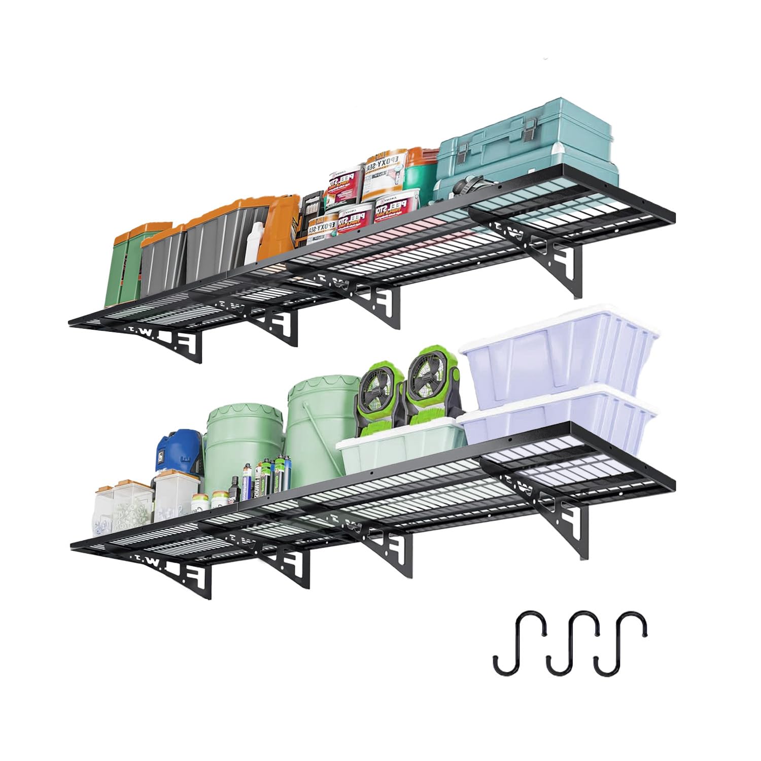 4 Pack Heavy Duty Garage Wall Shelves - 1.5' x 3.8' Wall Mount Storage Shelving with Hooks, 250 lbs Capacity Each - Perfect for Garage Organization, Basement Storage & Workshop Shelving Solutions