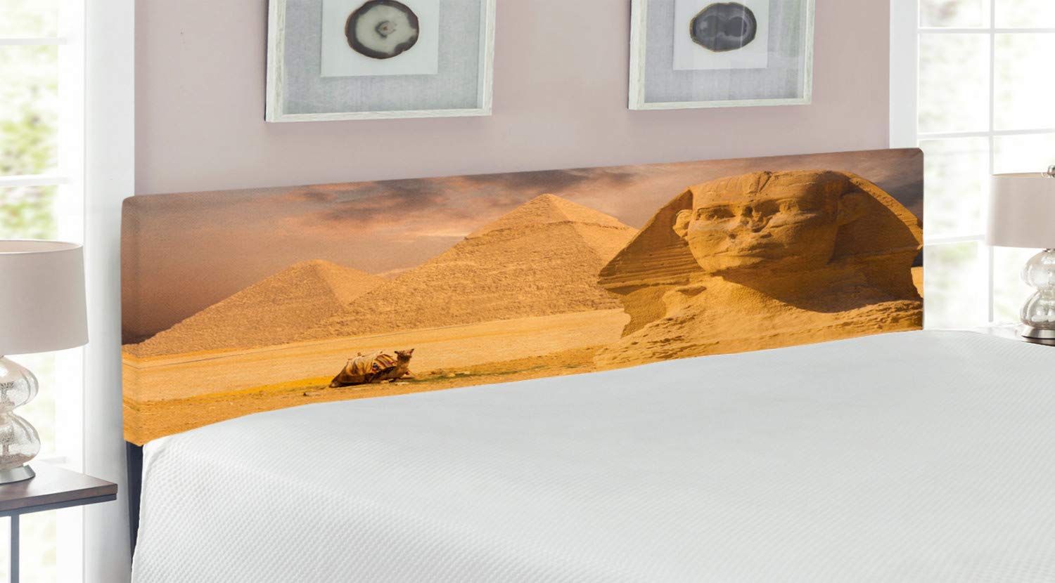 Ambesonne Egyptian Print King Size Headboard - Sphinx & Pyramids Upholstered Metal Bed Frame with Memory Foam in Amber Sand Brown | Vintage Historical Decor for Bedroom, Guest Room & Dorm