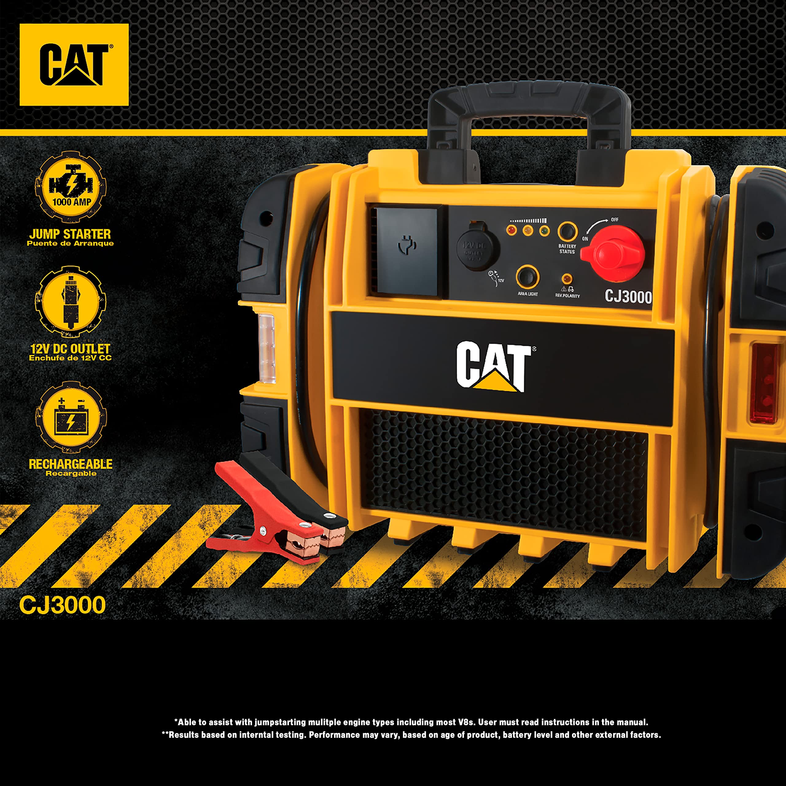 CAT CJ3000 Professional 2000A Peak Jump Starter - Portable Car Battery Booster with Built-In Power Switch & Heavy-Duty Clamps (Yellow) - Emergency Vehicle Rescue, Roadside Assistance, Truck & SUV Power Boost