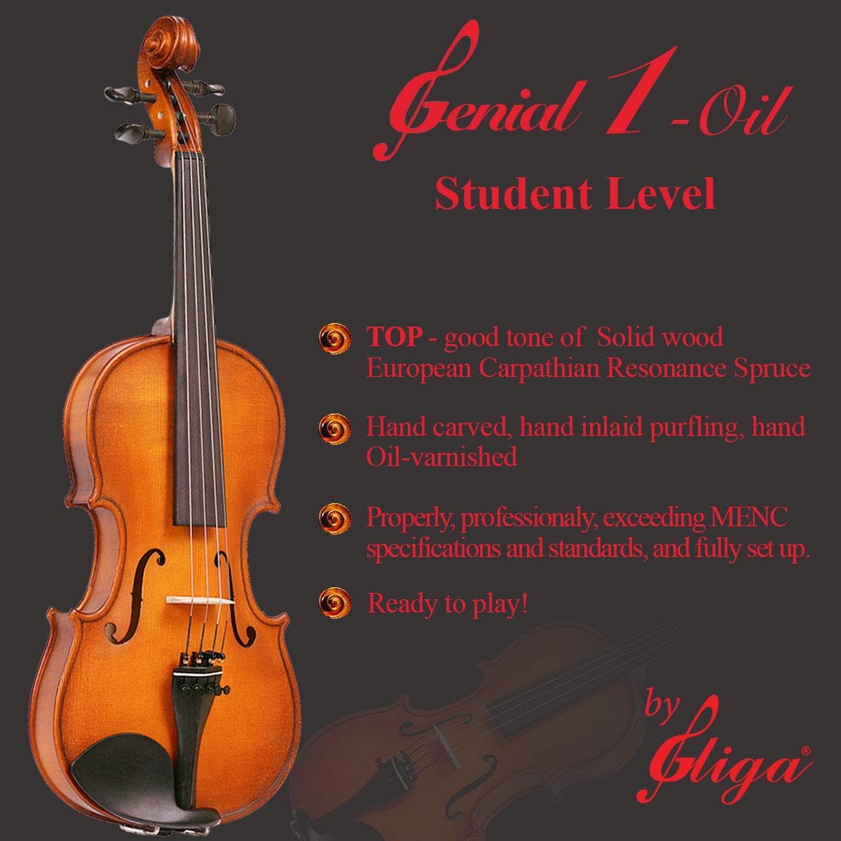 Gliga Genial 1-Oil 4/4 Full Size Beginner Violin - Handmade in Romania with European Solid Wood, Hand Carved, Varnished & Purfling - Perfect for Student Practice, School Orchestra & Classical Music Learning