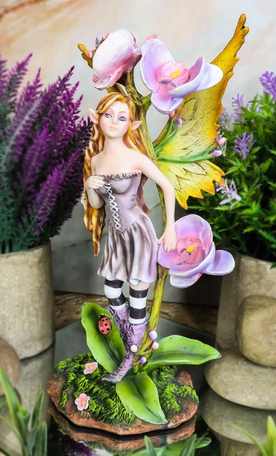 Exquisite Tropical Purple Orchid Blossoms with Ladybug Figurine - Magical Fairy Home Decor for Living Room, Bedroom & Office (wrvn-f-1164) | Perfect Gift for Housewarming, Birthday & Spring Decor