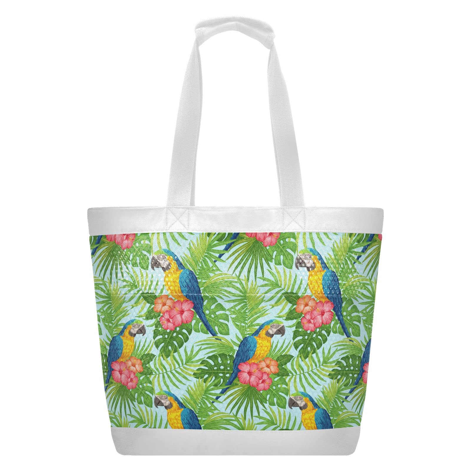 J JOYSAY Tropical Floral Parrots Mesh Beach Tote Bag - Large Waterproof & Sandproof Beach Bag for Women - Perfect for Pool, Gym, Sports & Summer Vacations