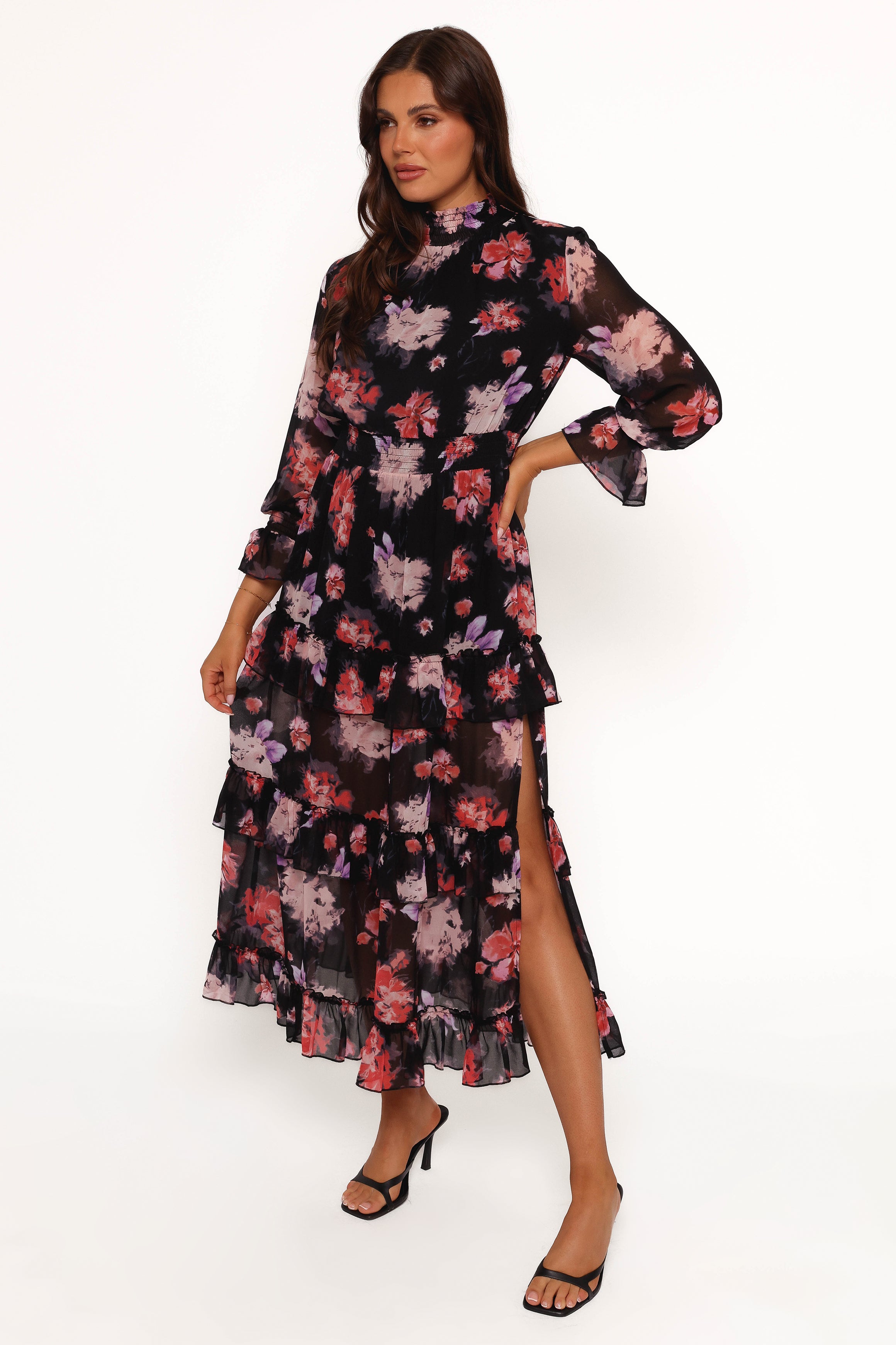 Isadora Long Sleeve Maxi Dress - Black Blurred Floral Print Women's Elegant Evening Gown for Parties, Weddings & Special Occasions