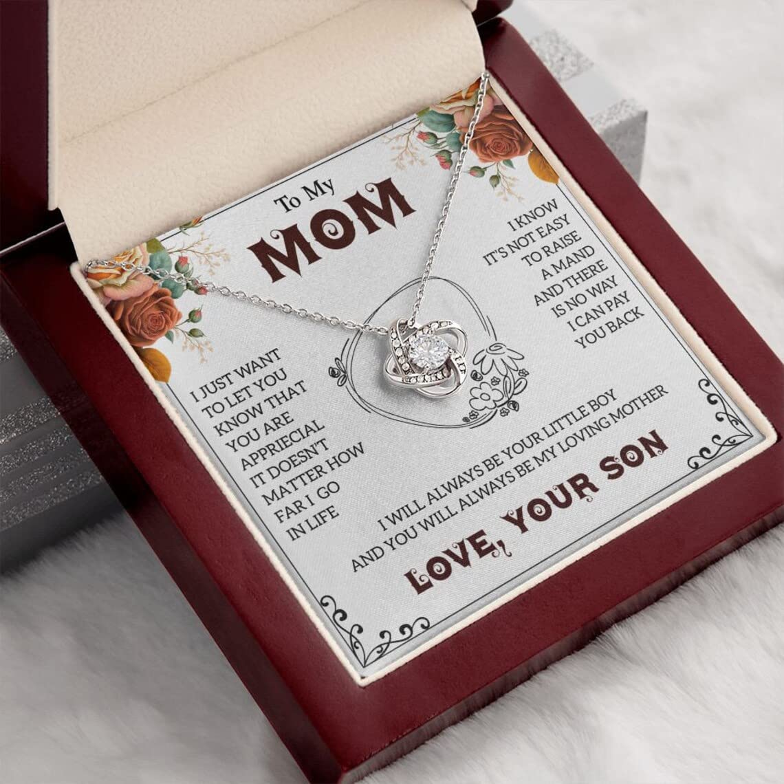 Elegant Love Knot Necklace for Mom - Sterling Silver Heart Pendant Jewelry Gift for Women, Perfect Mother's Day, Birthday & Anniversary Present with Gift Box & Message Card - Ideal for Daily Wear, Special Occasions & Heartfelt Surprises