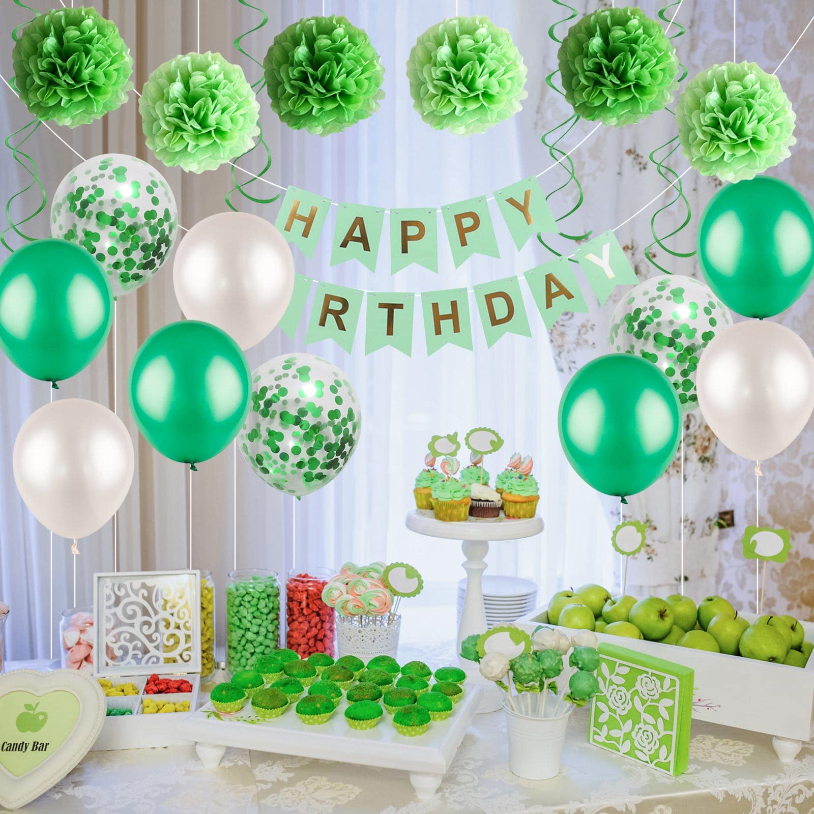 Green Birthday Party Decorations Kit - Happy Birthday Banner, Spiral Charm, Paper Flower Ball, Latex & Confetti Balloons for Girls & Boys Birthday Party Supplies | Perfect for Indoor/Outdoor Birthday Celebrations, Baby Showers & Special Events