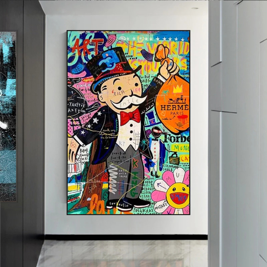 Alec Monopoly 'The World is Yours' Money Bag Canvas Wall Art - Pop Art Home Decor for Living Room, Office & Game Room