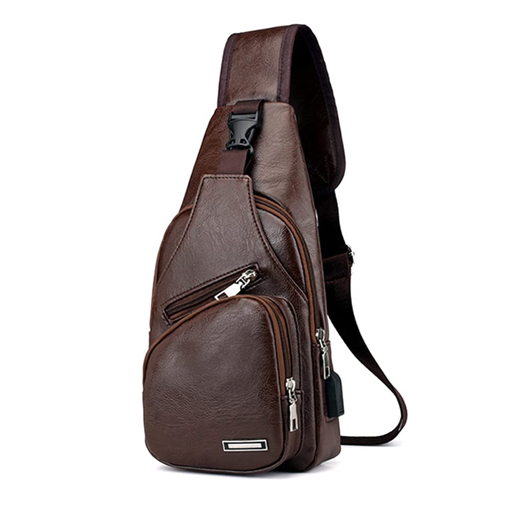 VALINK Vintage PU Crossbody Sling Bag for Men - Sporty Chest Shoulder Backpack with Zipper Closure & Earphone Holes | Perfect for Gym, Travel & Outdoor Activities