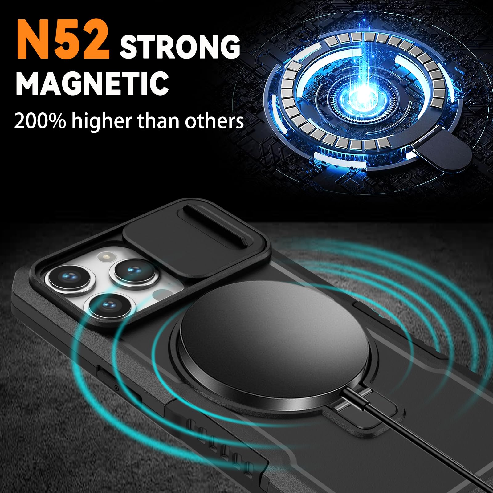 Magnetic Ring Stand Phone Case for iPhone 15 Pro Max - Military Grade Shockproof Cover with Camera Protection | Compatible with MagSafe | Includes 2X Tempered Glass Screen Protectors | Perfect for Outdoor Activities, Travel & Daily Use (Black)