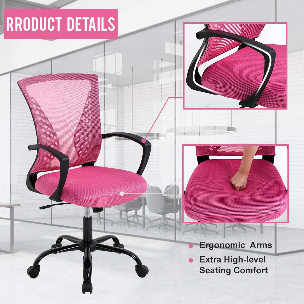 Ergonomic Mesh Office Chair with Adjustable Lumbar Support & Armrests - Mid Back Rolling Swivel Task Chair for Women & Adults - Comfortable Computer Desk Chair for Home Office & Workspace (Pink)