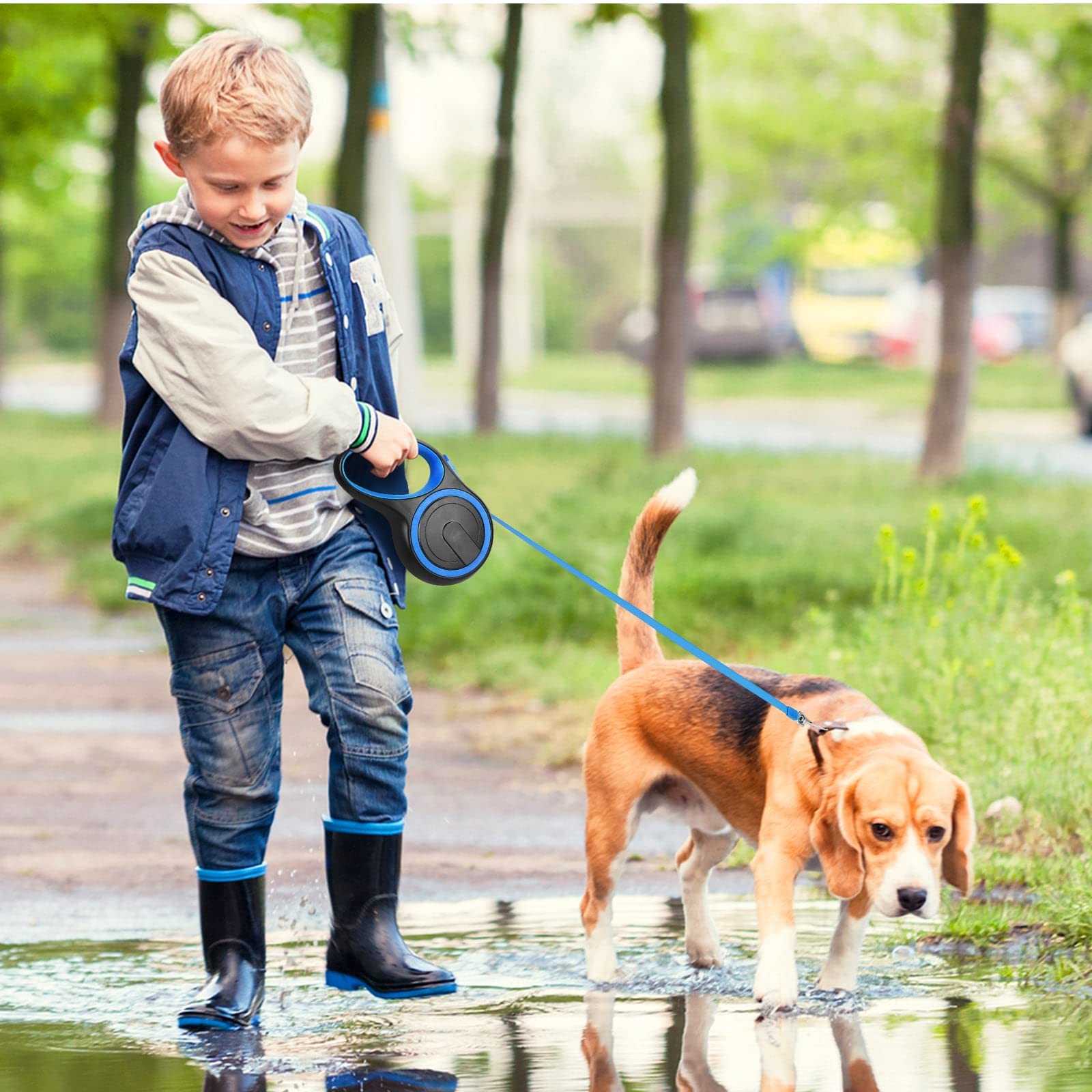 UrbanX 24ft Retractable Dog Leash for Large Breeds - Heavy Duty Nylon Tape with Anti-Slip Handle, One-Hand Brake & Lock System - Perfect for Australian Shepherd Lab Mix & Active Dogs (Blue) - Great for Walking, Jogging & Outdoor Adventures