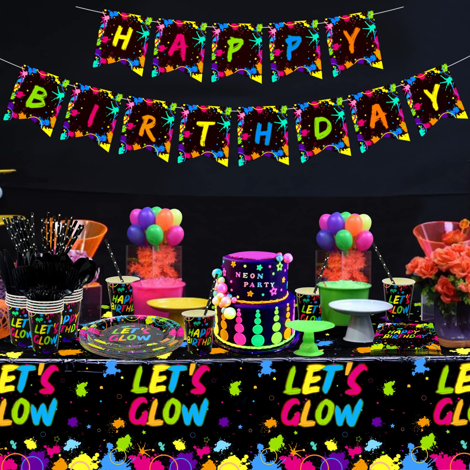 167-Piece Glow in the Dark Party Supplies Set - Neon Birthday Banner, Plates, Napkins, Cups, Tablecloth, Cutlery & Straws for Blacklight Party Decorations (Serves 20) - Perfect for Glow Parties, Raves, Birthday Celebrations & Nightclub Events