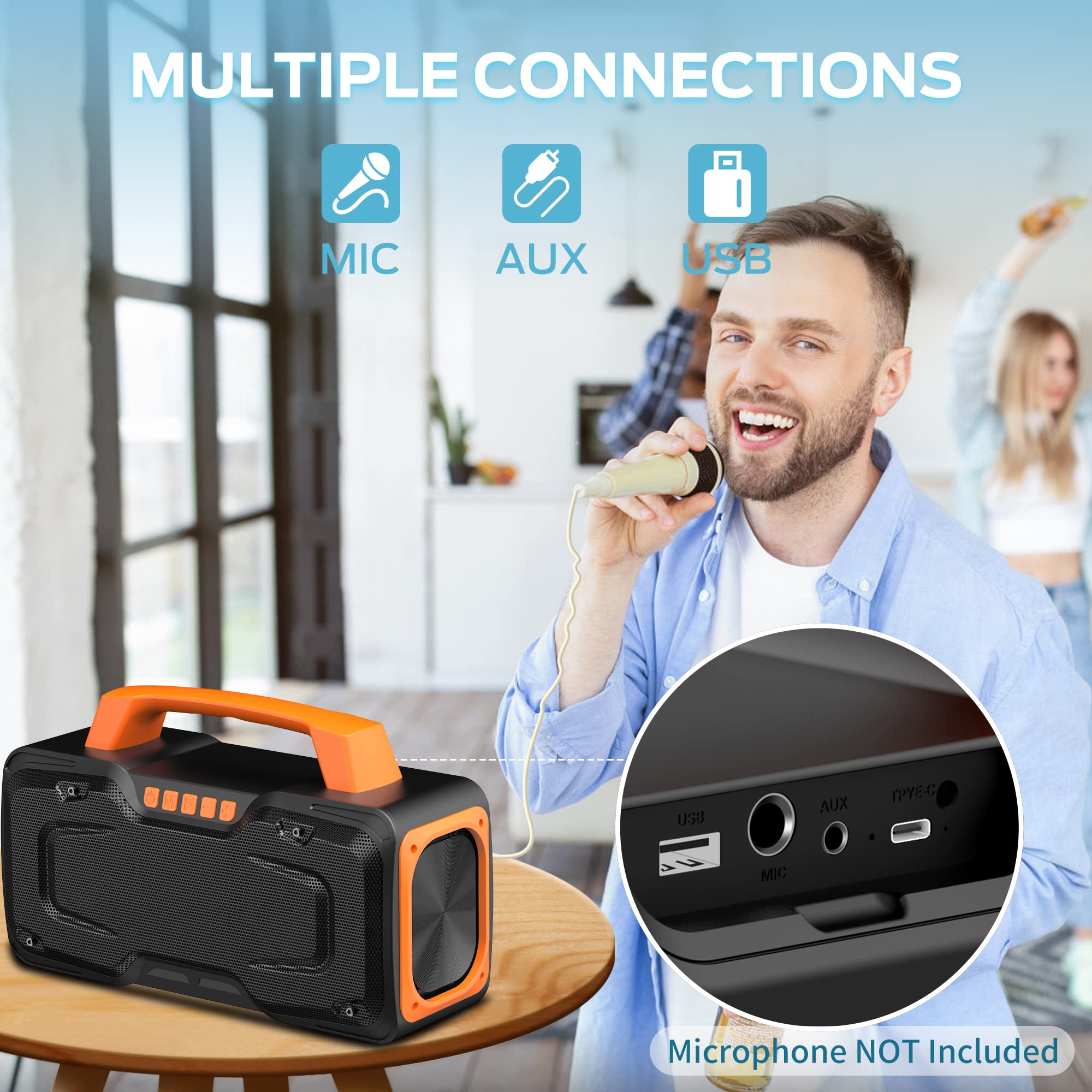 BUGANI 80W Bluetooth Speaker, IPX7 Waterproof Portable Wireless Speaker with Handle - 24H Playtime, AUX/USB, Karaoke Mic Support - Perfect for Outdoor Parties, Poolside, Beach, Camping & Home Karaoke