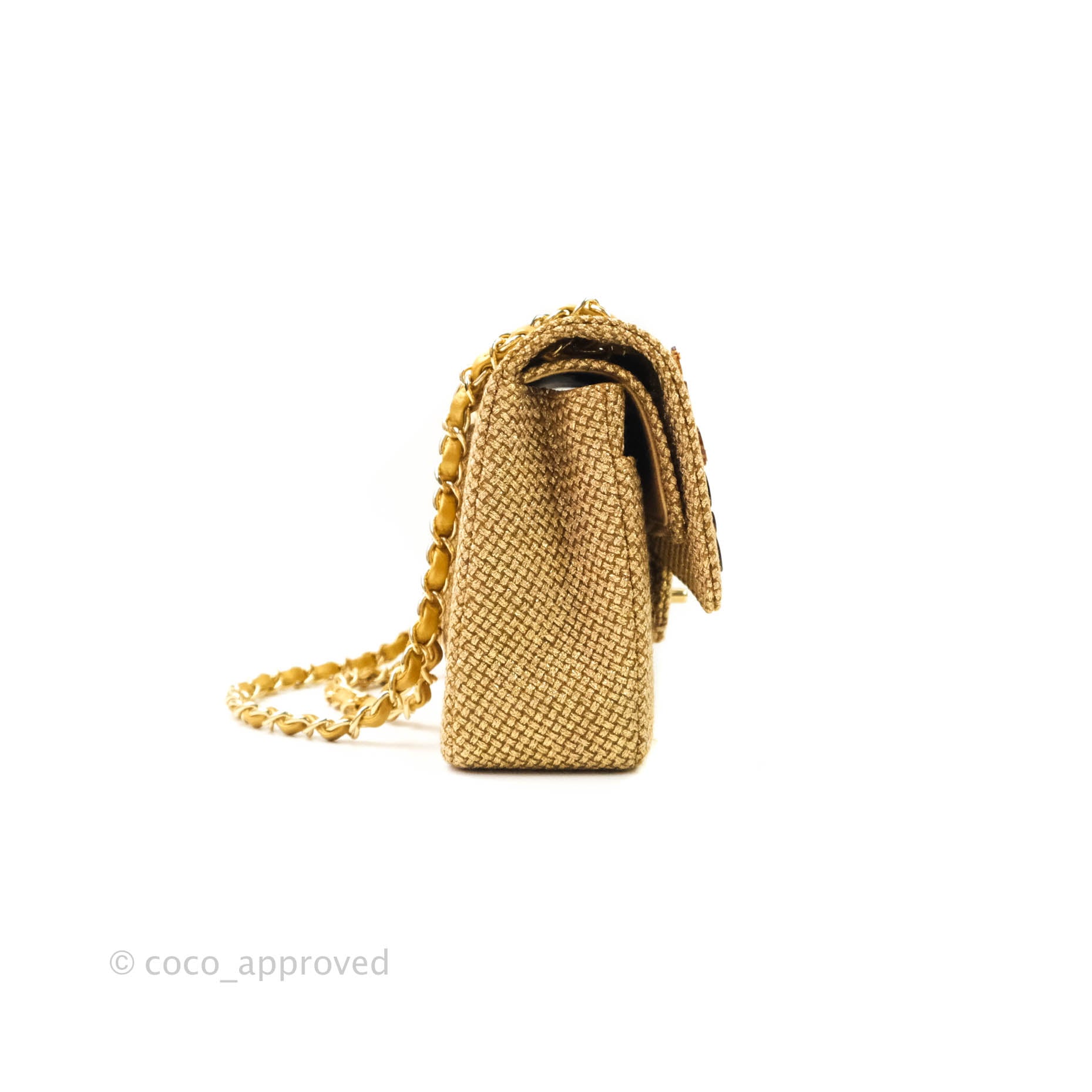 Chanel Classic M/L Medium Double Flap Gold Tweed Mirror Embellished Gold Hardware Bag - Luxury Designer Handbag for Women, Perfect for Parties, Weddings & Special Occasions