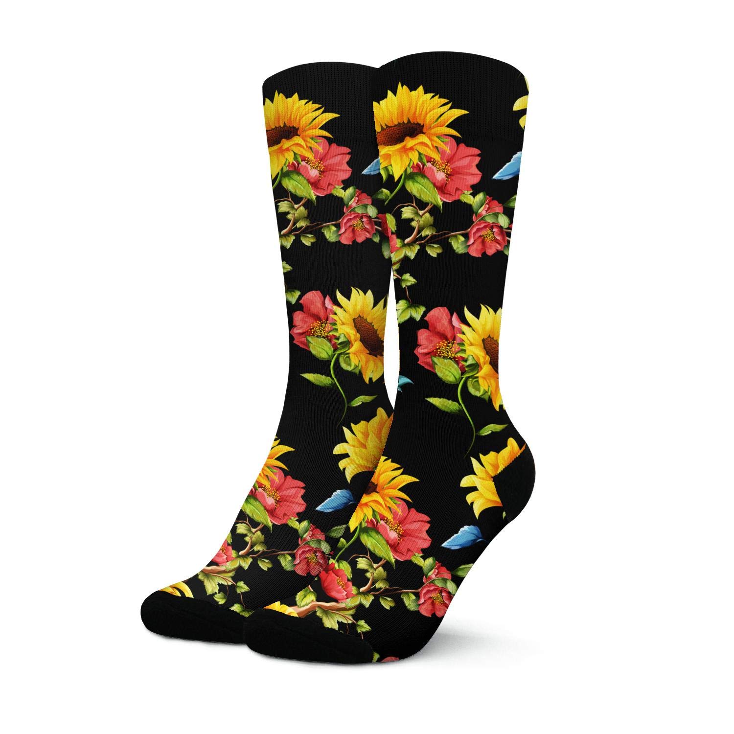 Women's Casual Boot Socks with Sunflower & Pomegranate Leaf Design - Warm Crew Socks for Soccer, Sports & Winter Wear - Perfect for Outdoor Activities, Hiking & Everyday Comfort