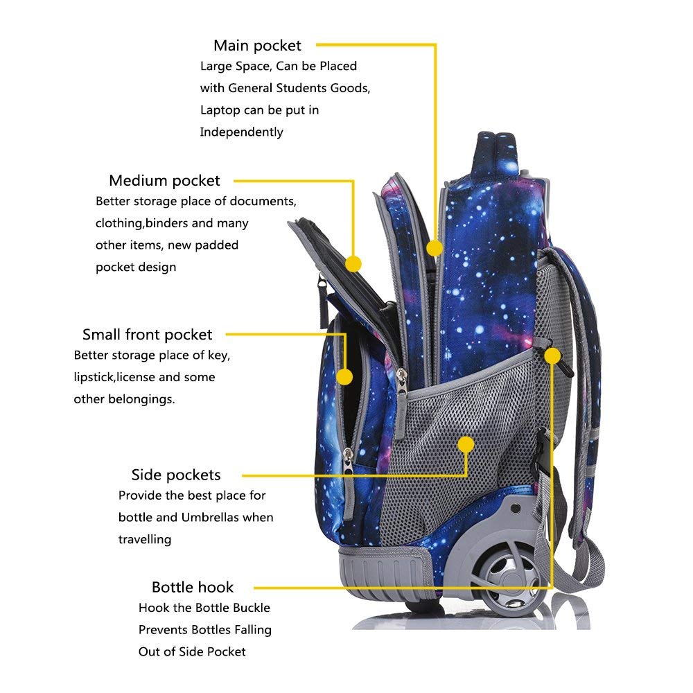 Tilami 18 Inch Rolling Laptop Backpack with Insulated Lunch Bag - Galaxy Print - Perfect for School, Travel & Business Commuters