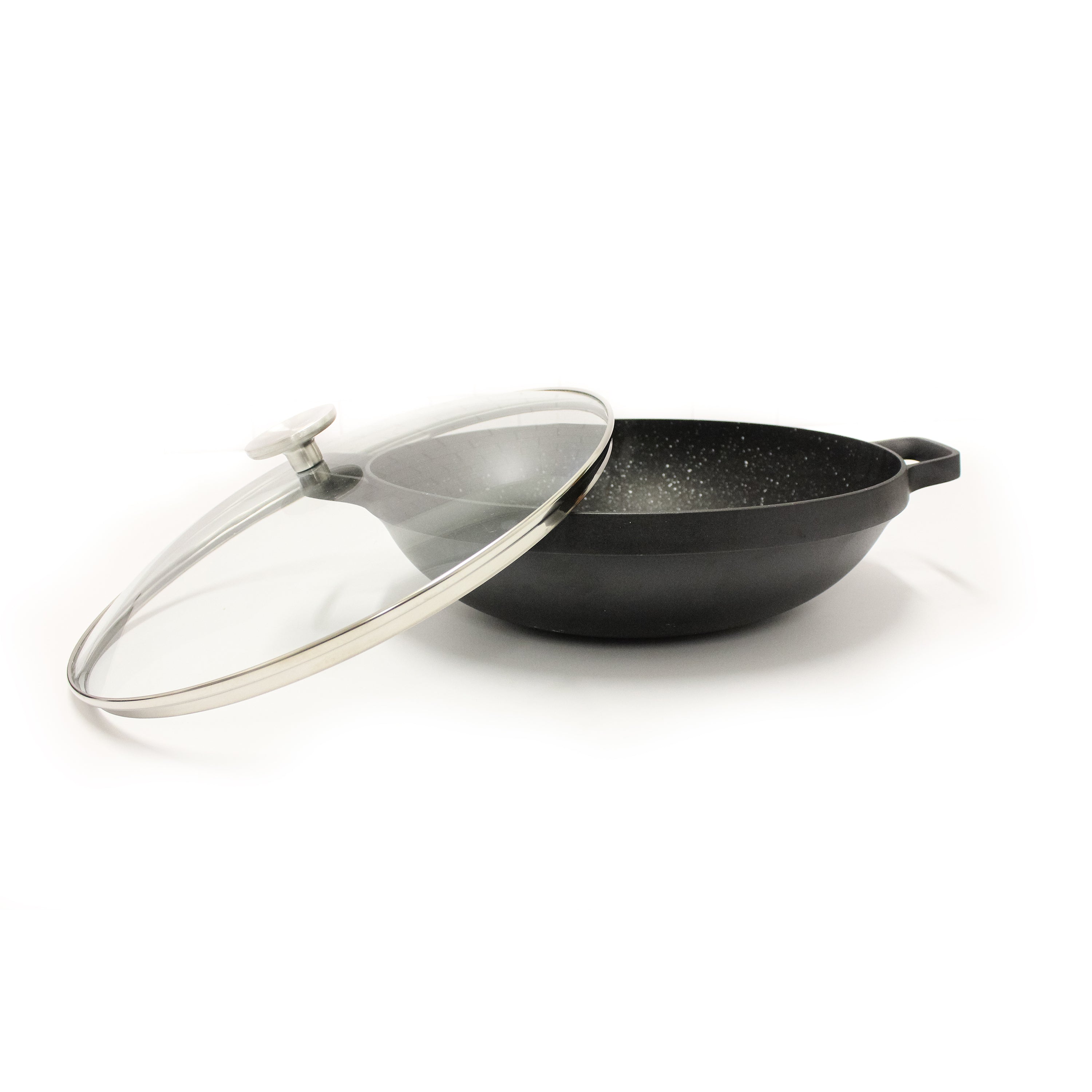 BergHOFF GEM 12.5 Inch Non-Stick Chinese Wok Pan with Glass Lid - 5.7 Quart Black Carbon Steel Stir Fry Pan for Asian Cooking, Stir Frying, Sautéing & Deep Frying - Perfect for Home Kitchen & Restaurant Use