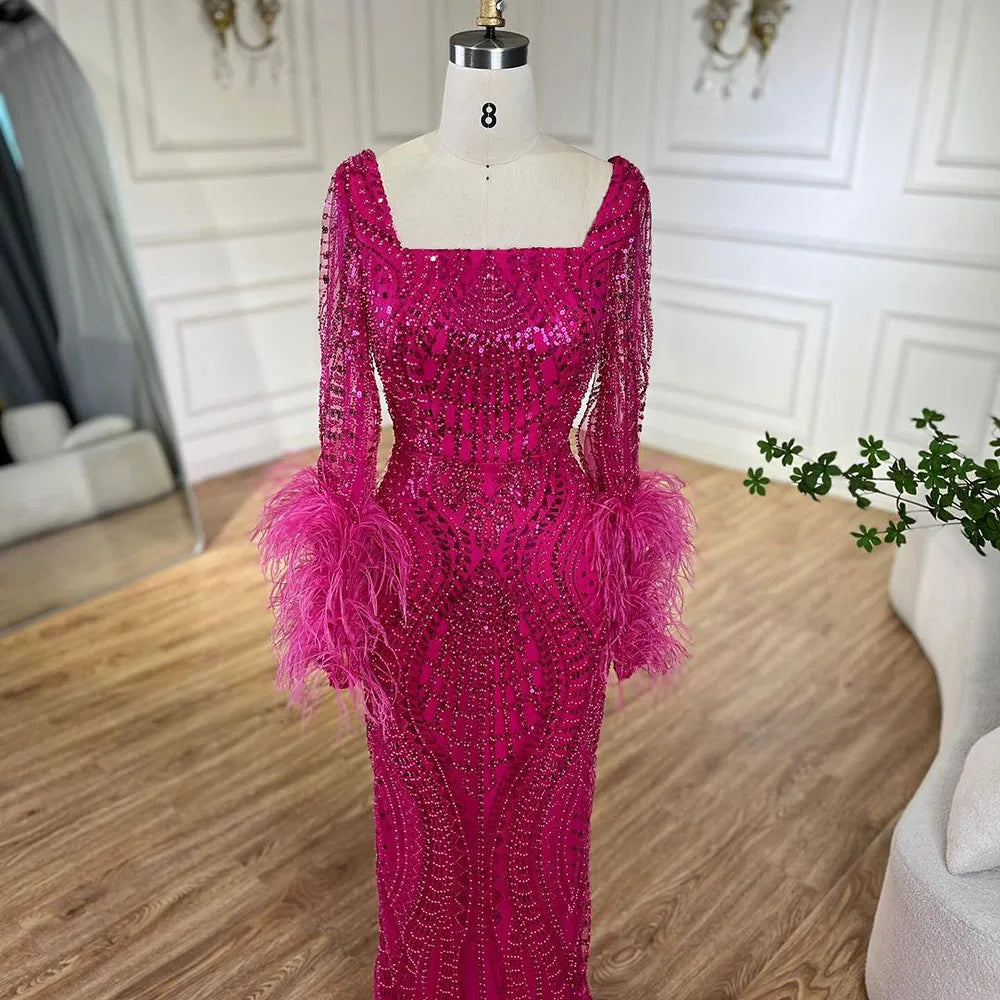 Elegant Fuchsia Dubai Evening Gowns with Long Sleeves - LA72565 for Formal Events, Galas & Special Occasions